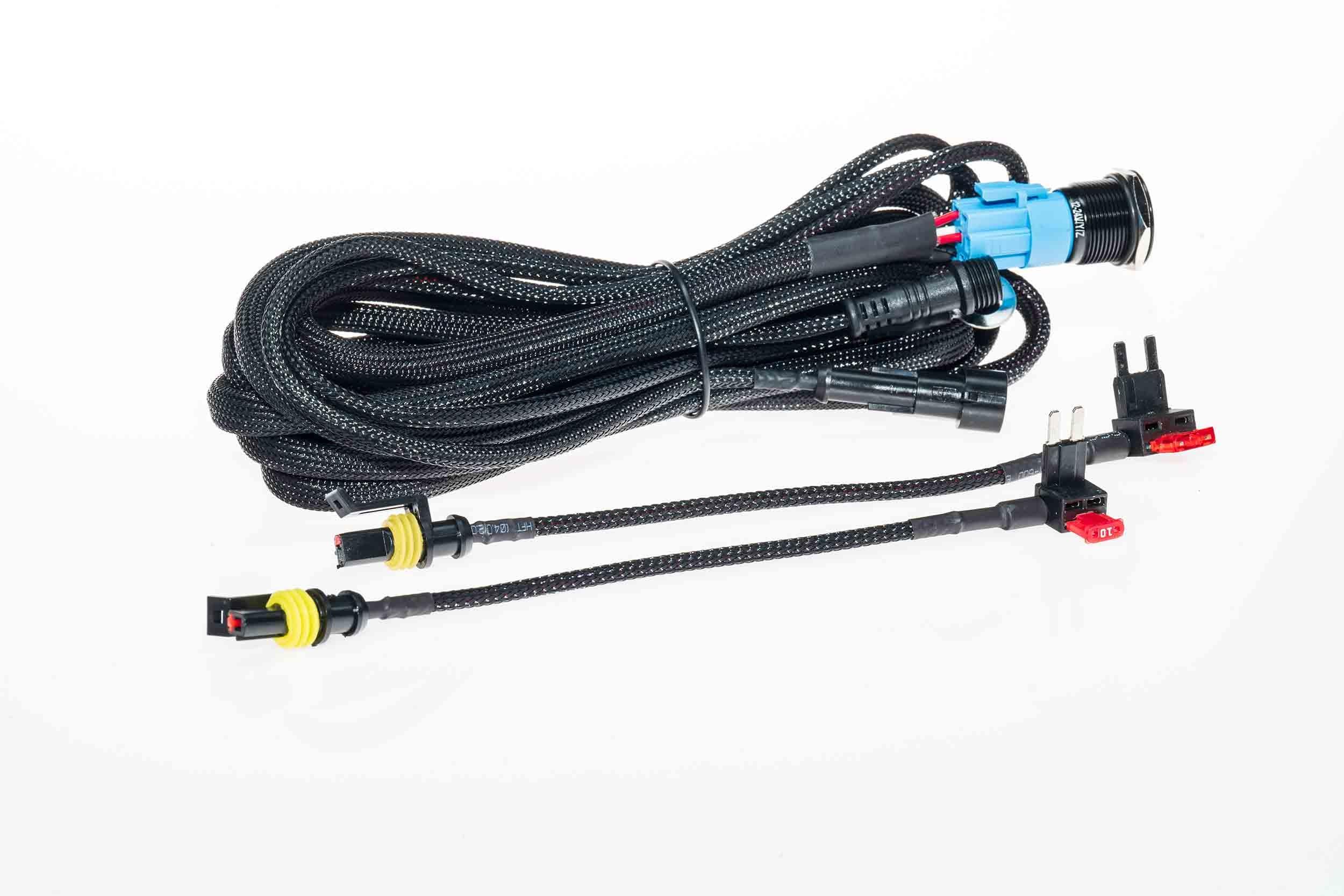 Off-road vehicle wiring harness with black braided cables and waterproof connectors