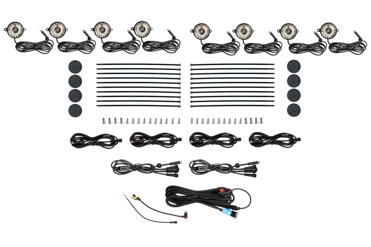 Off-road vehicle rock light kit with LED pods, wiring, zip ties, screws, and connectors