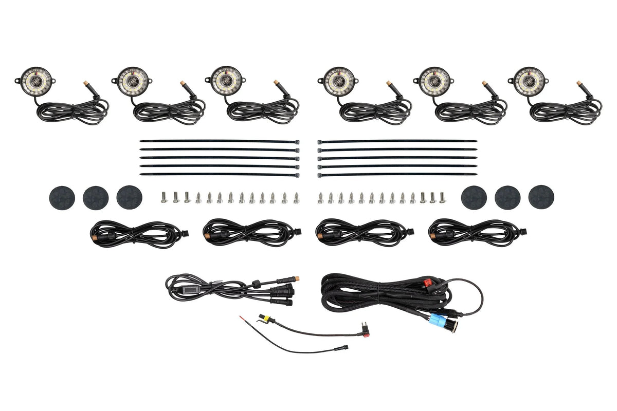 Off-road LED rock light kit with eight lights, wires, zip ties, and mounting hardware for vehicles