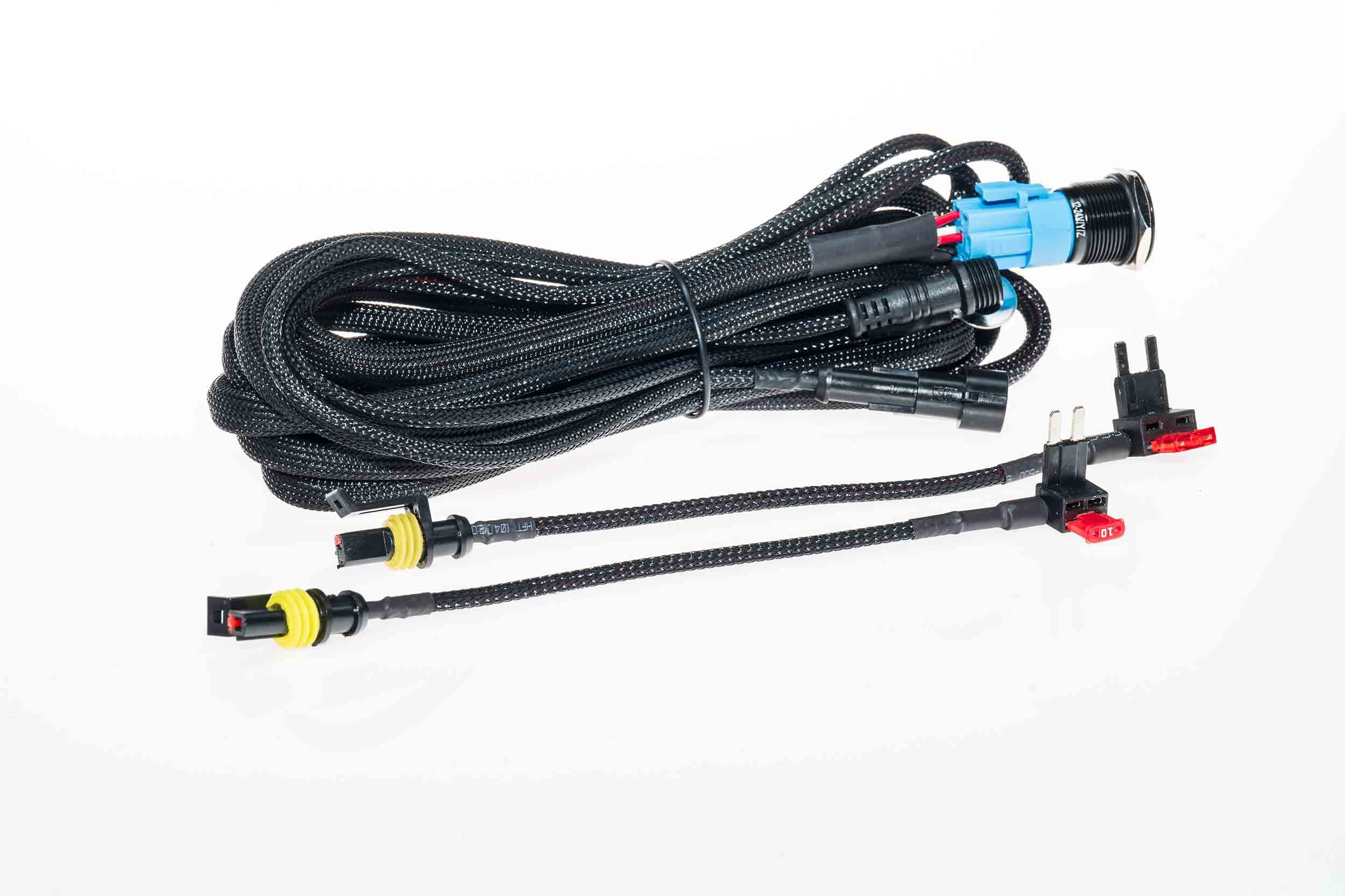 Vehicle accessory wiring harness with fuses and connectors for Toyota, Jeep, or Ford trucks