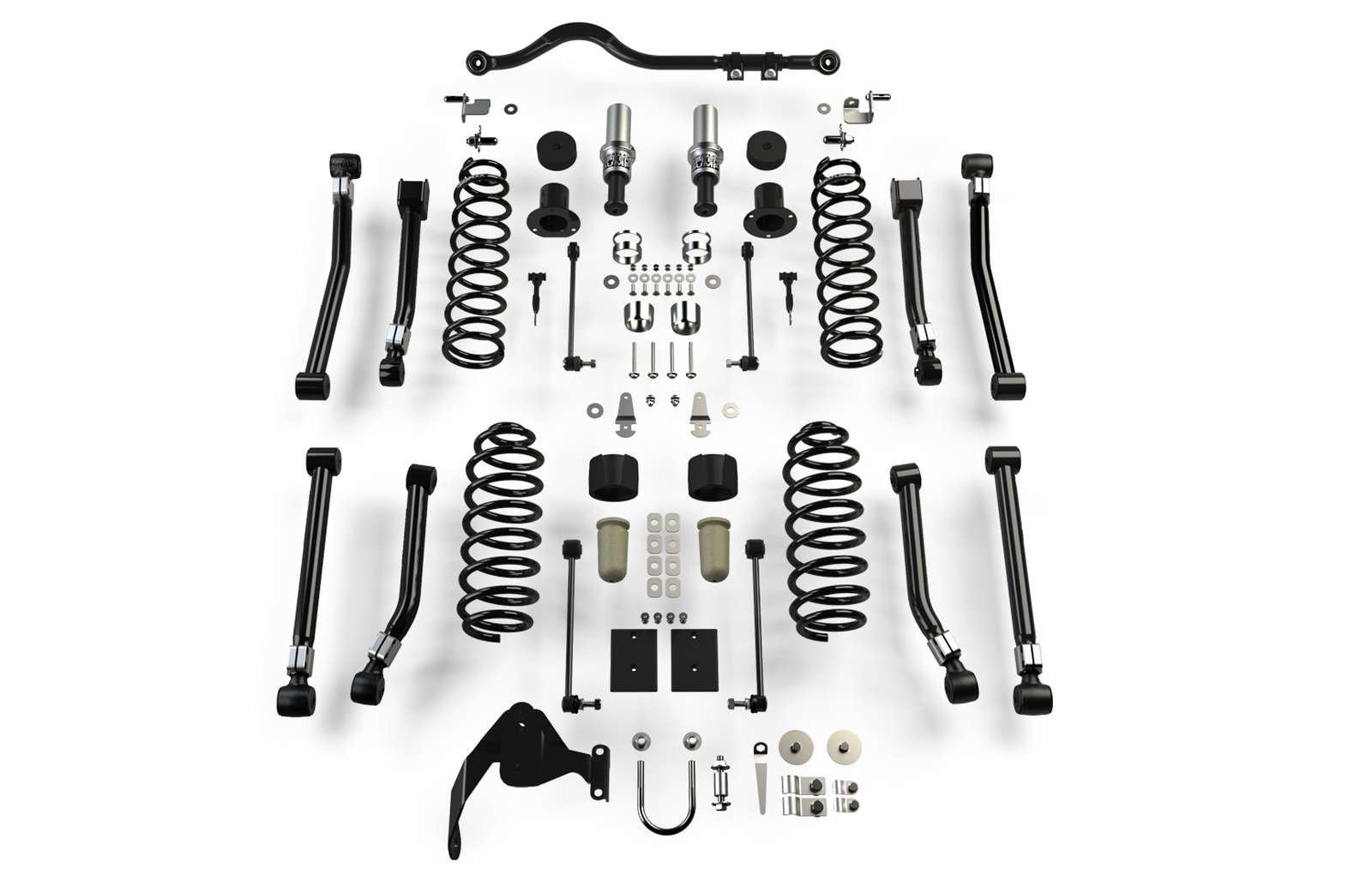 Overland vehicle suspension lift kit with coil springs, control arms, shocks, and mounting hardware.