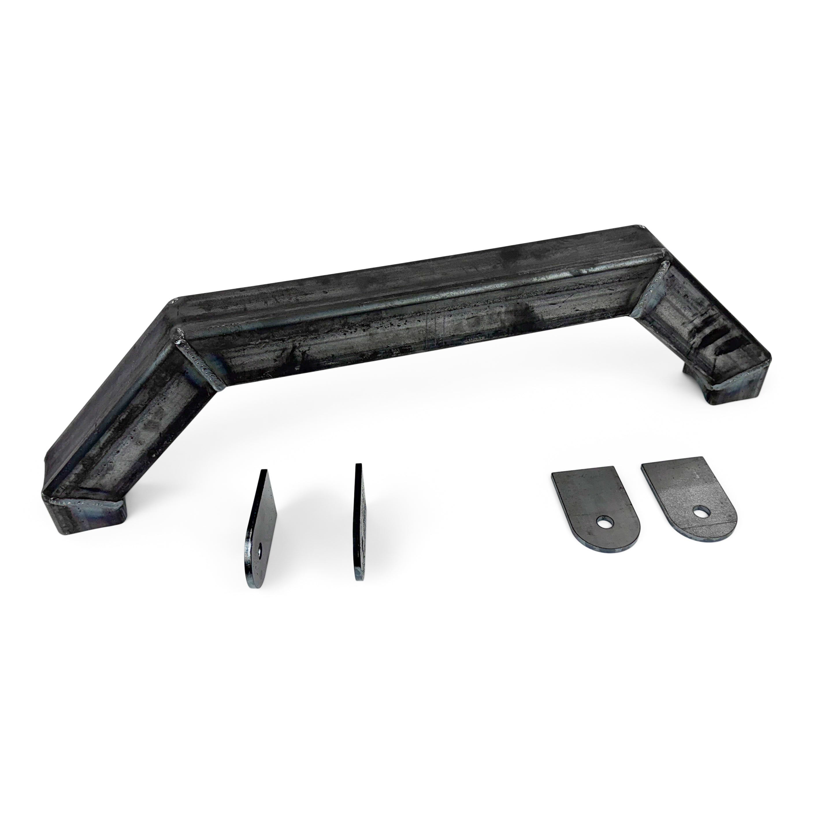 Steel overland vehicle bumper bracket with mounting plates on white background