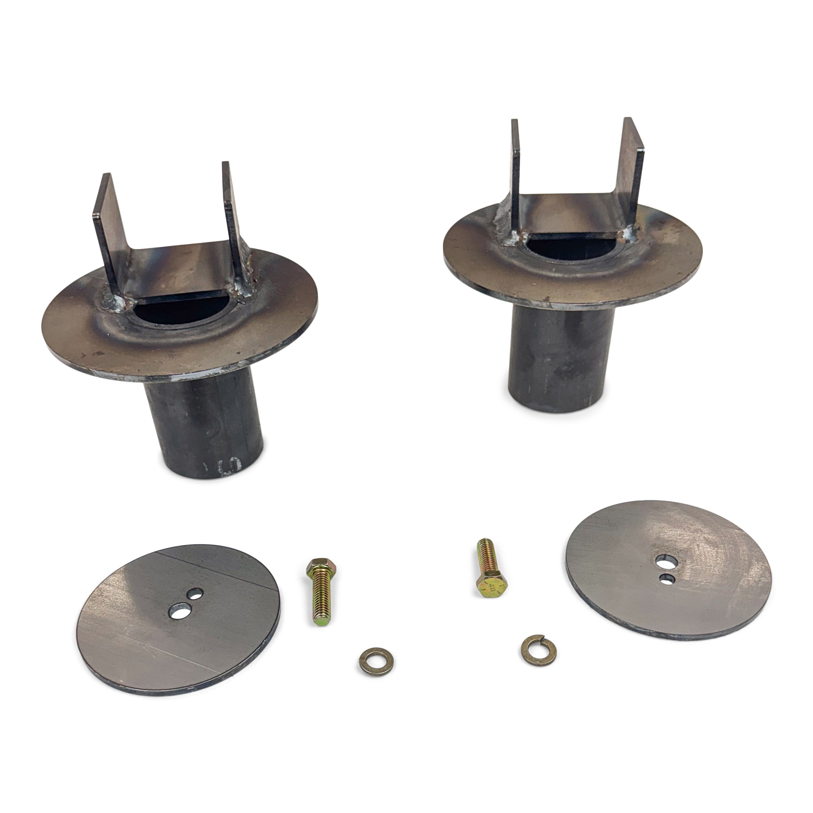 Overland vehicle suspension mount kit with metal brackets, round plates, bolts for Toyota, Jeep, Ford trucks.