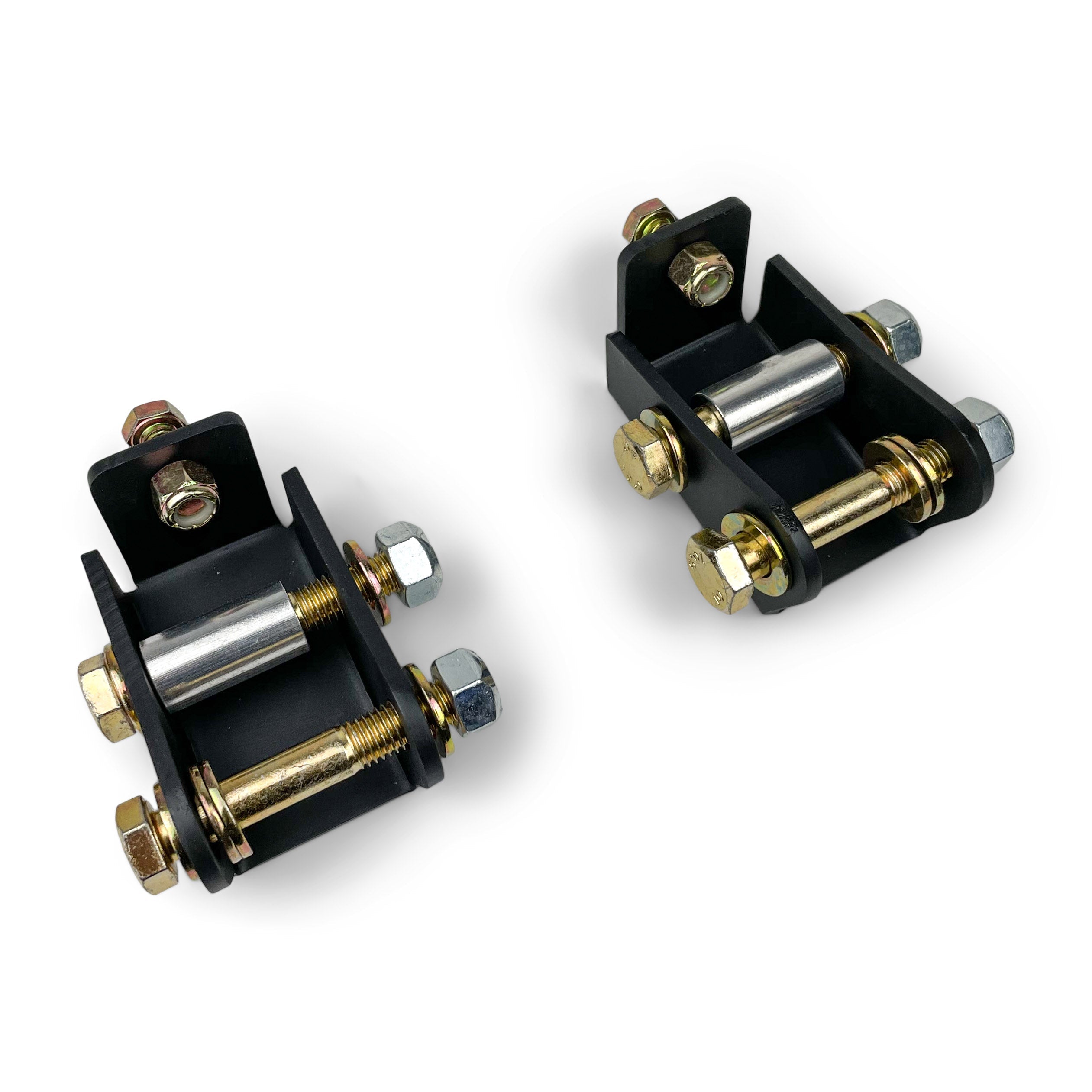 Heavy duty steel leaf spring shackles for off-road vehicles, black with gold bolts, pair