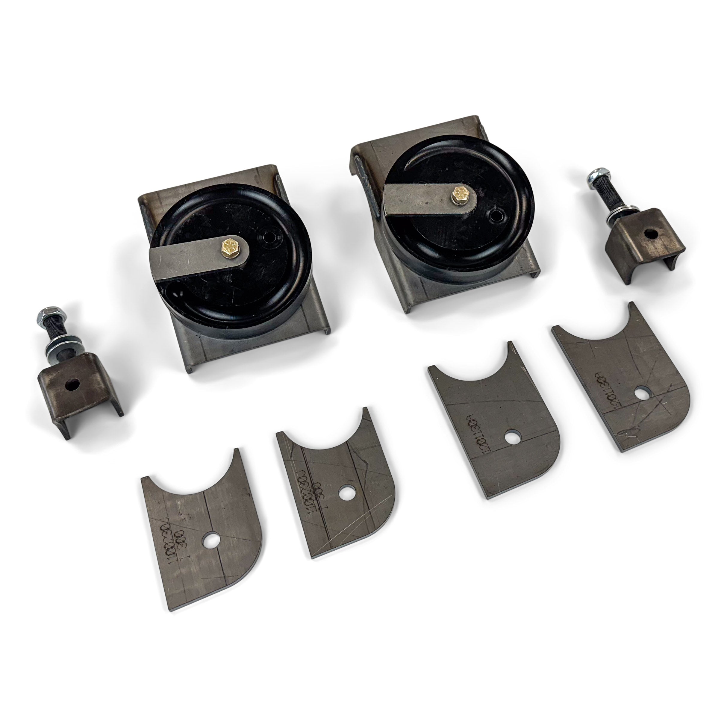Steel weld-on axle tab kit with wheels and mounting hardware for off-road vehicles