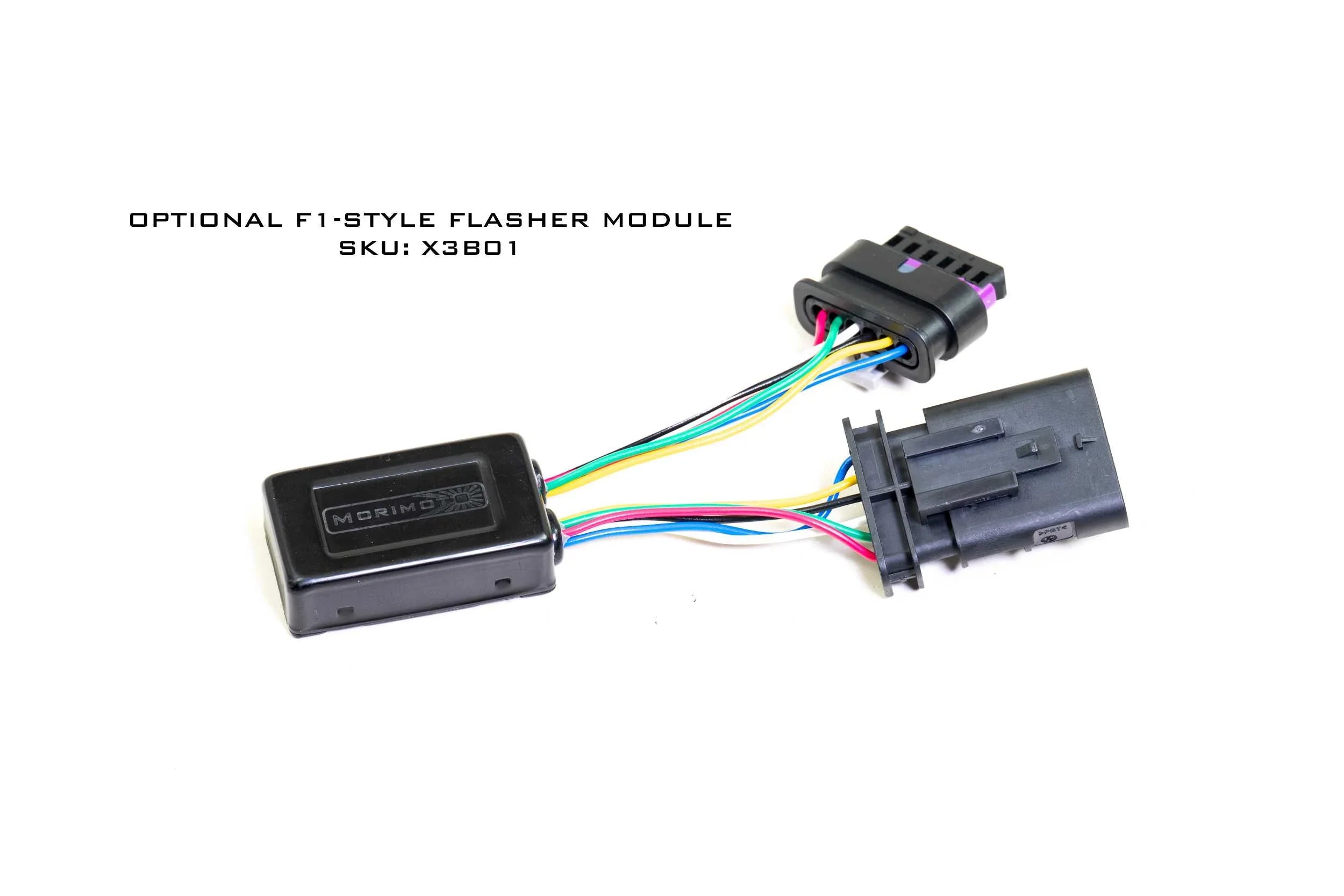 F1-style flasher module wiring harness with connectors for vehicle lighting upgrades