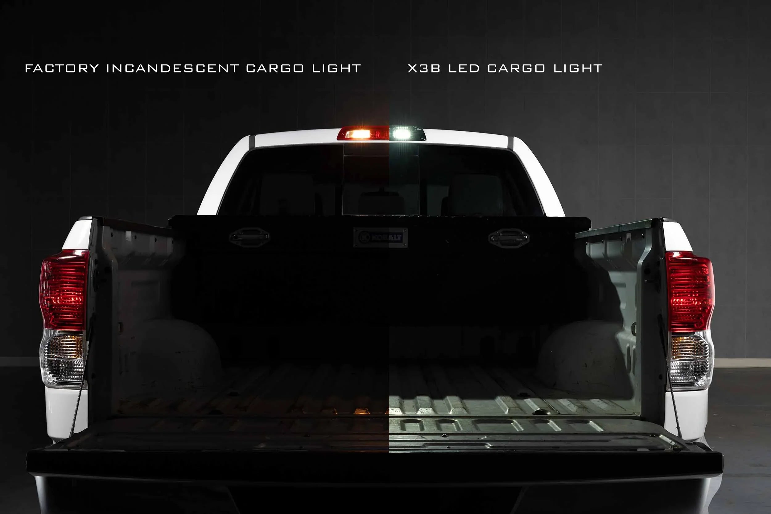 Truck bed lighting comparison, left with incandescent cargo light, right with X3B LED light