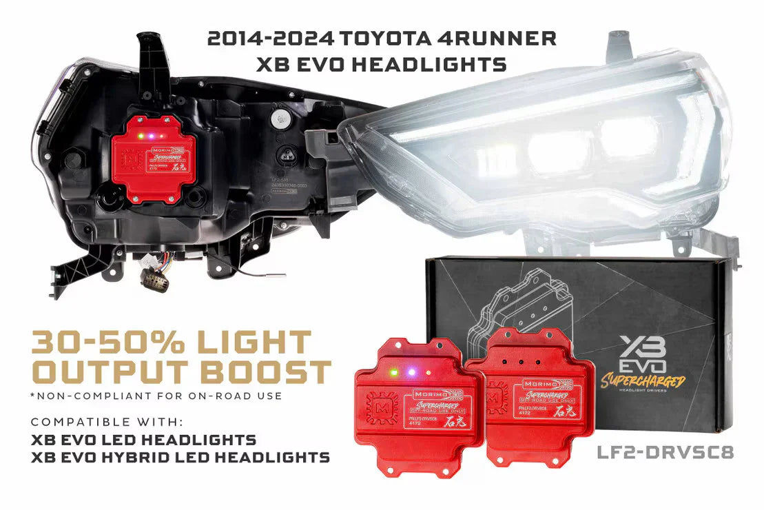 Toyota 4Runner 2014-2024 XB EVO LED headlight upgrade kit with light boost modules.