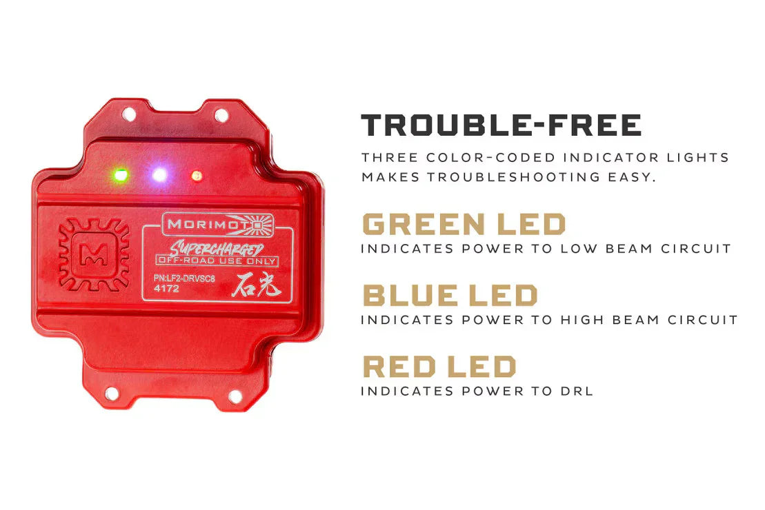 Red Morimoto off-road LED module with green, blue, and red indicator lights for vehicle lighting circuits