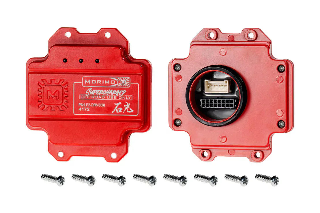 Red Morimoto off-road vehicle lighting control module with connectors and mounting screws
