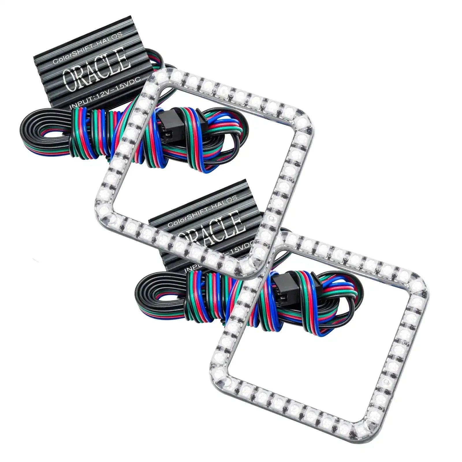 Square LED halo headlight rings with multicolor wiring for off-road vehicles