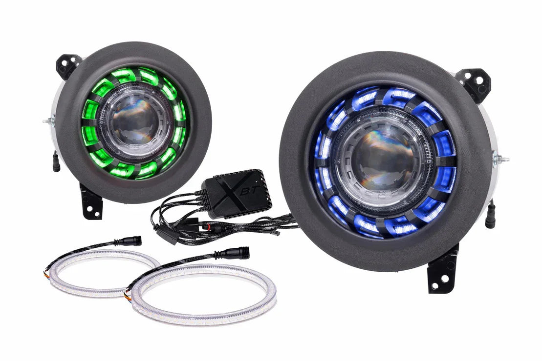 LED RGB halo projector fog lights kit with green and blue halos, wiring, and control box