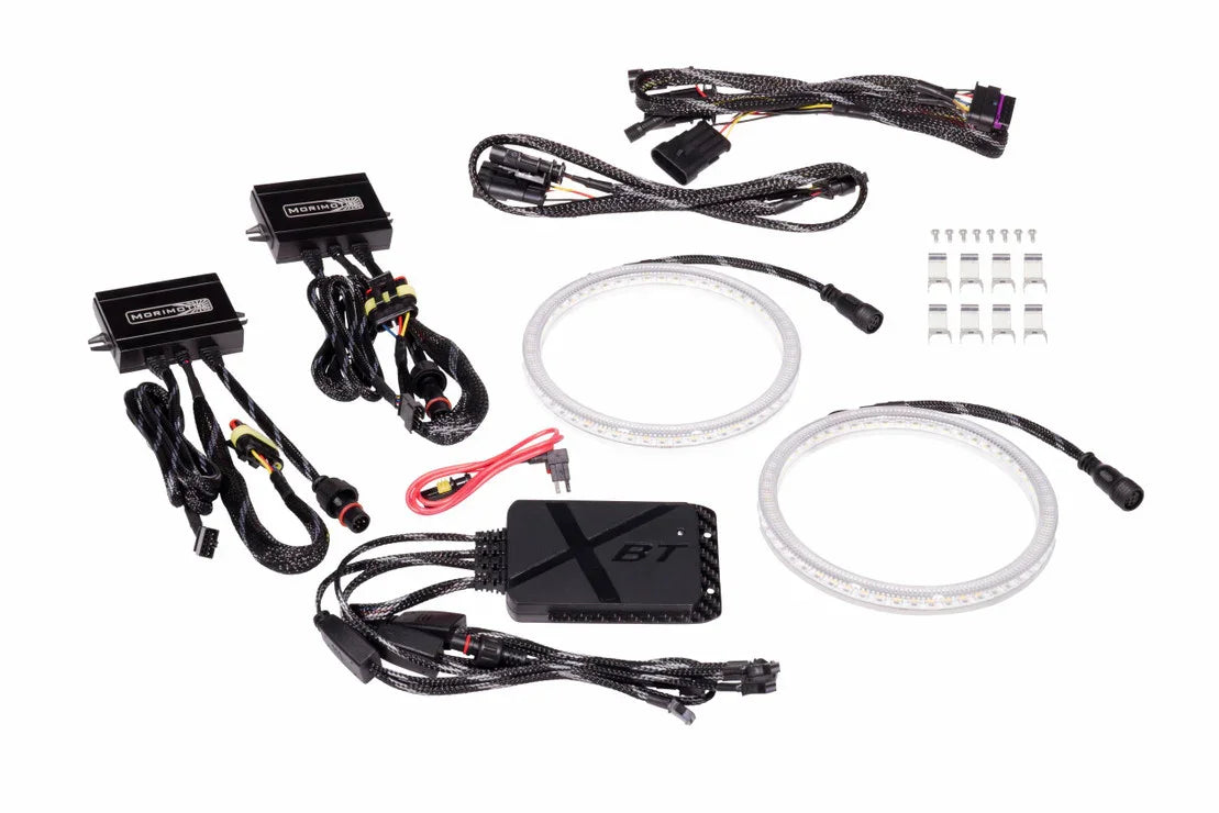 RGBW LED halo ring lights kit with wiring harness, connectors, and control modules