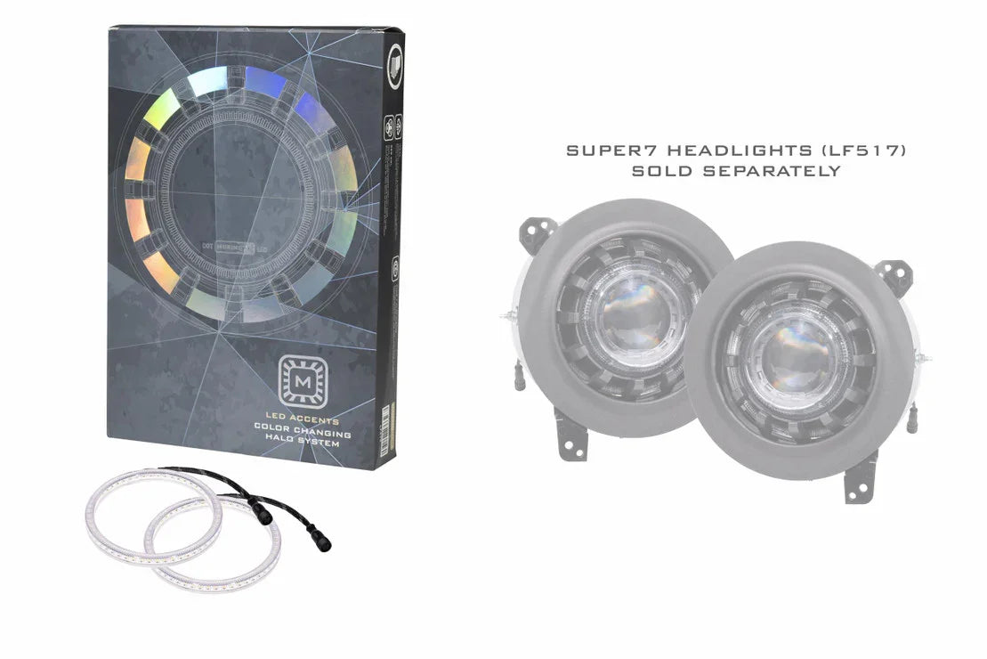 LED color changing halo rings kit with packaging, designed for Super7 headlights.
