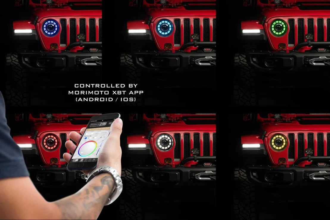 RGBW LED halo headlights on red Jeep Wrangler, color controlled via smartphone app.