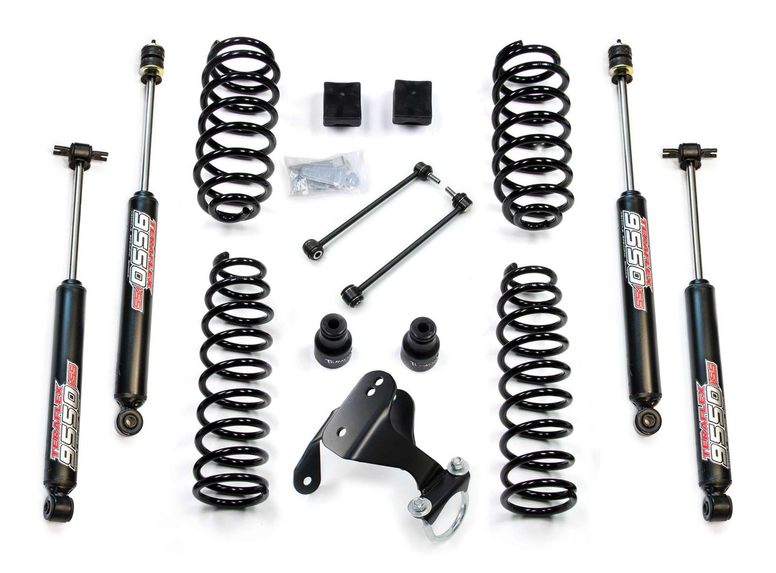 Jeep Wrangler lift kit with black shocks, coil springs, and mounting accessories on white background