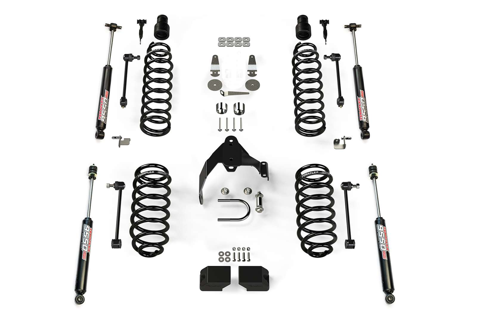 Full suspension lift kit with coil springs, shocks, brackets and hardware for off-road vehicles
