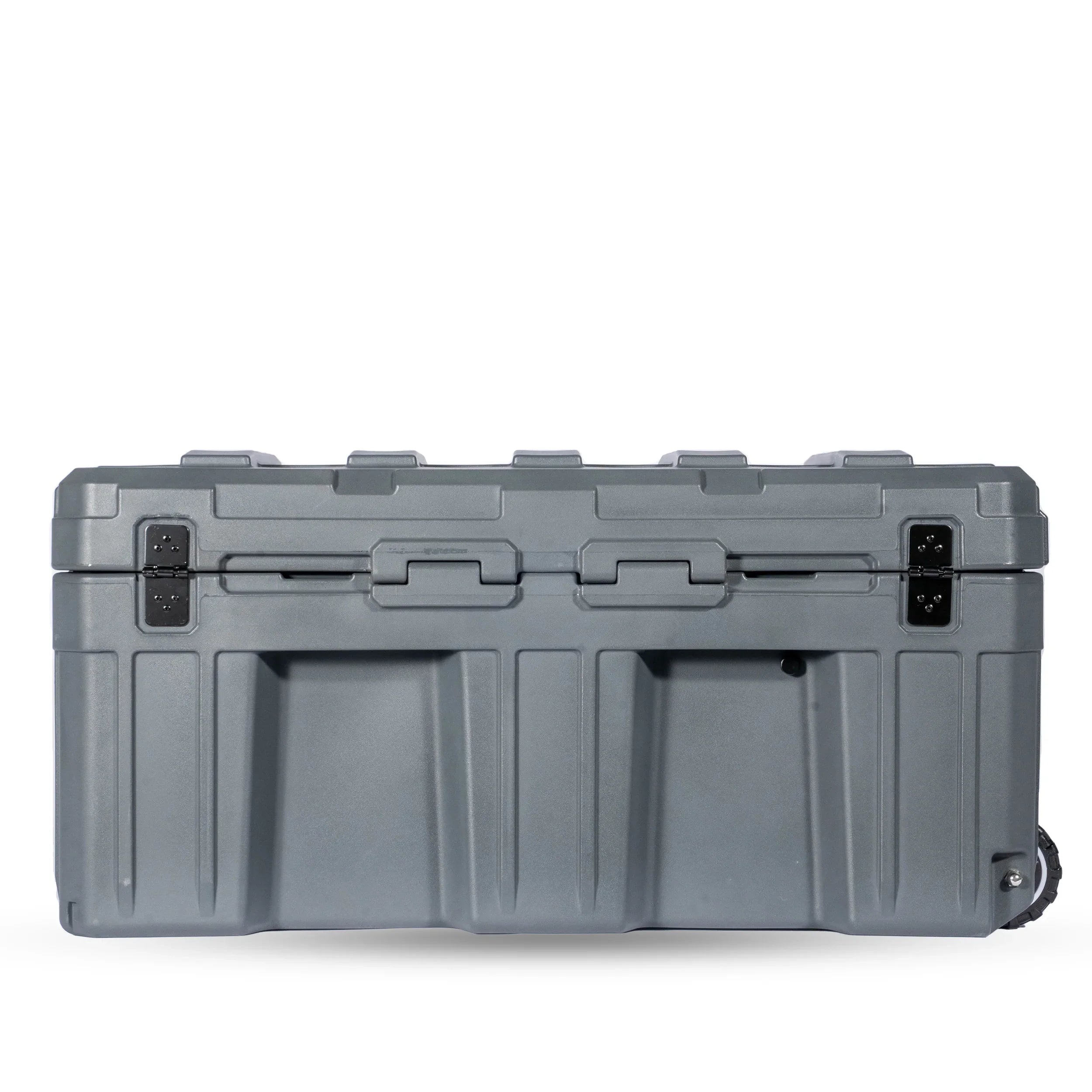 Heavy-duty gray storage case for overlanding gear with latches and rugged design