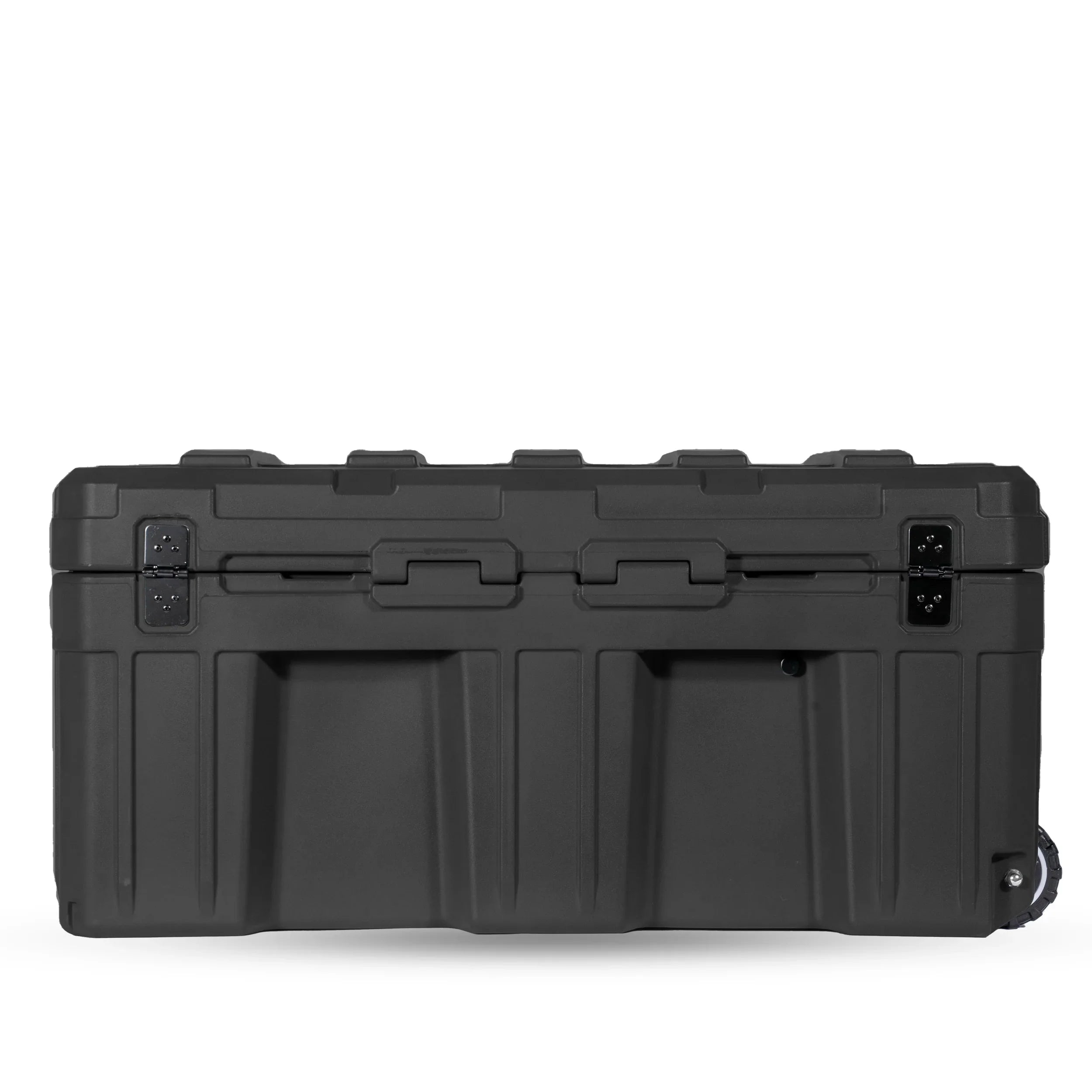 Black heavy-duty storage case with reinforced latches for overlanding and camping gear