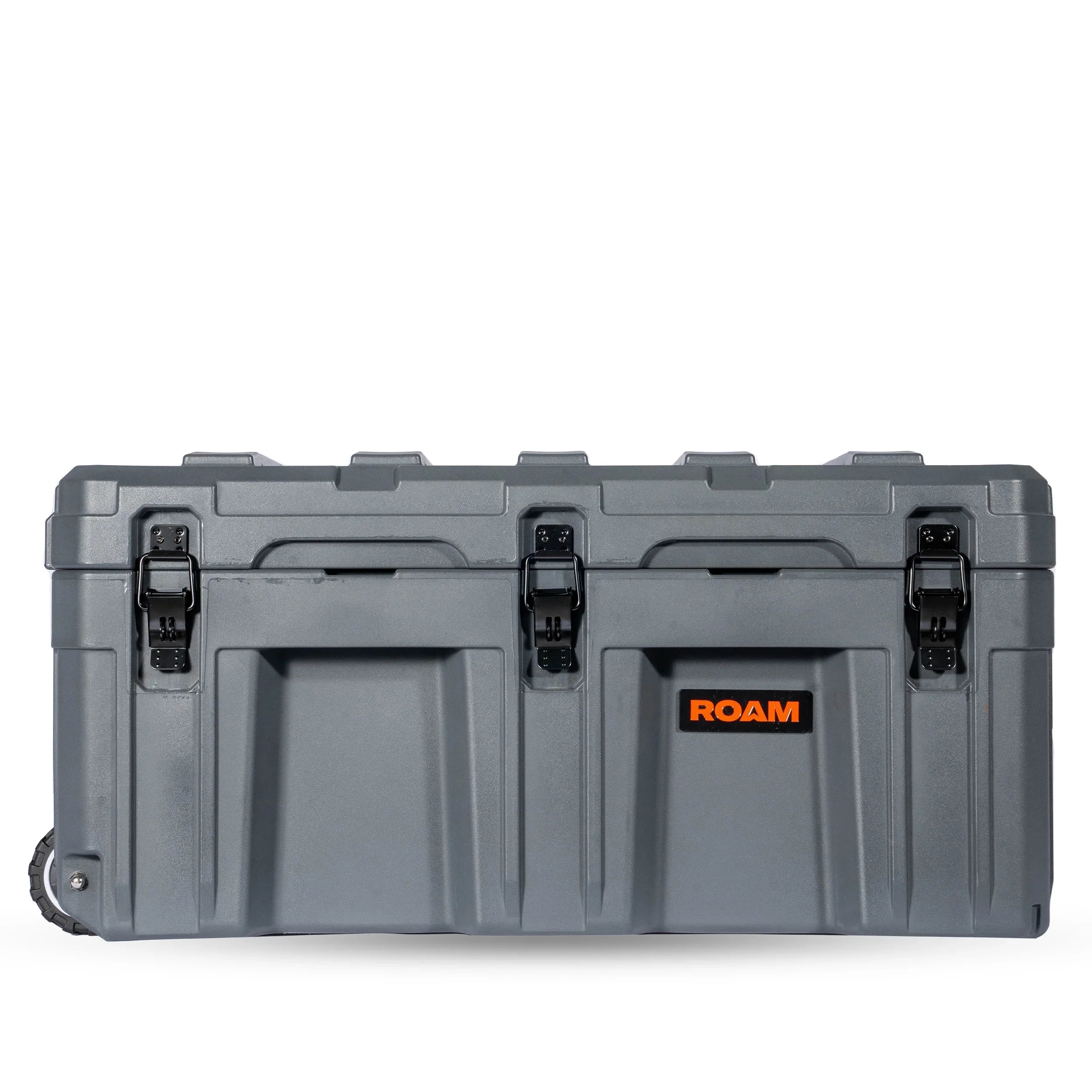 Large rugged grey storage case with wheels and latches, ideal for overlanding gear