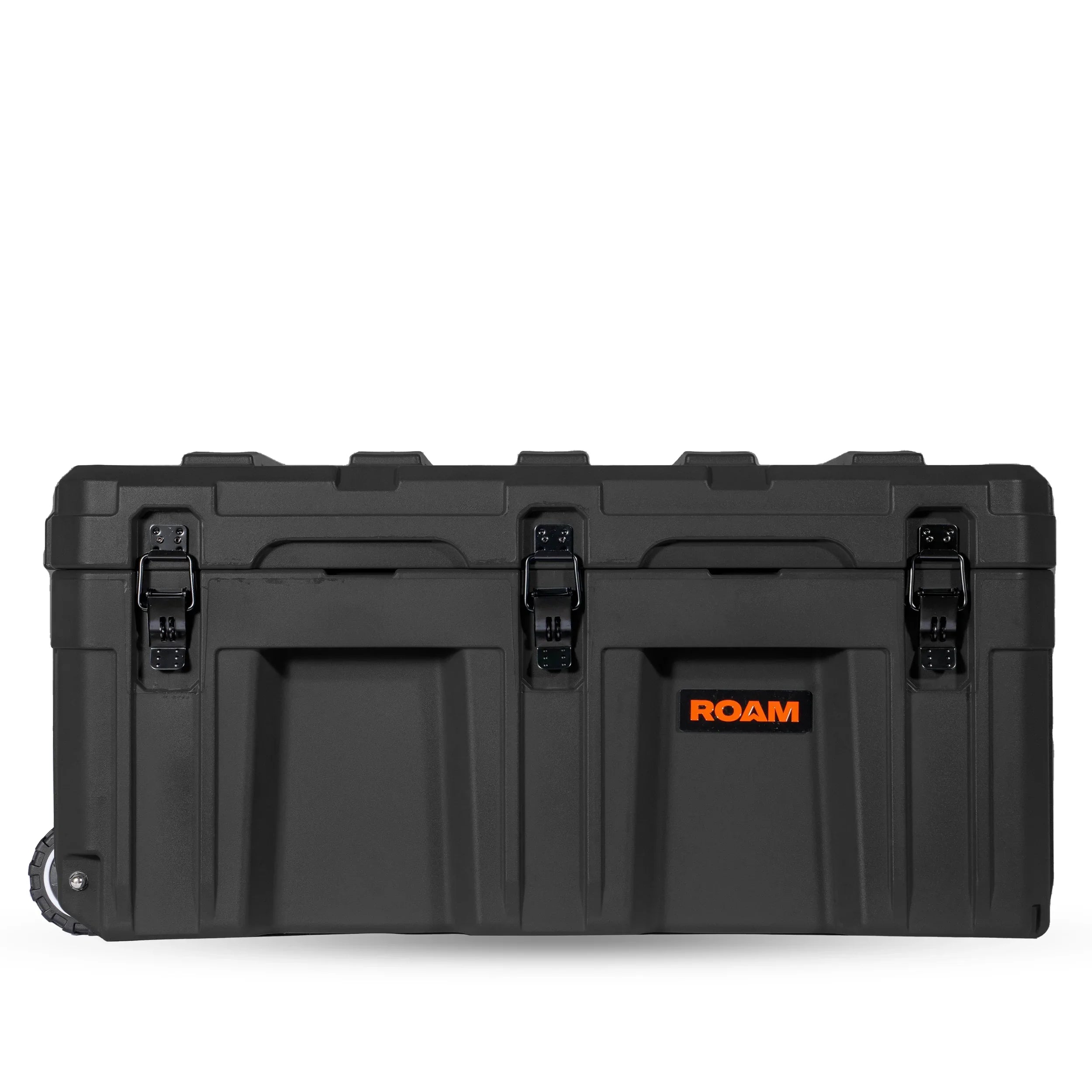 Black rugged storage case with wheels and latches, ideal for overlanding or camping gear