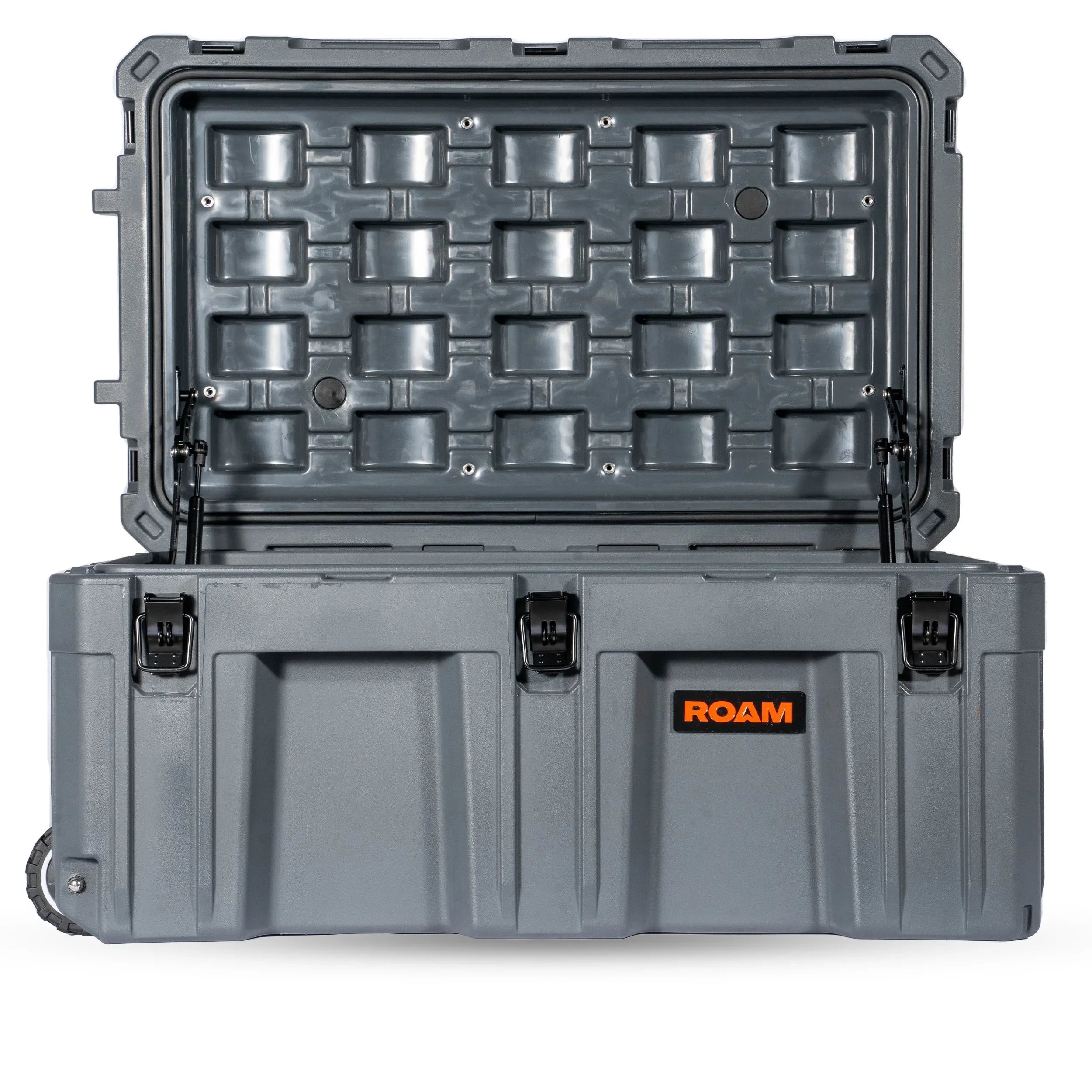 Open gray heavy-duty storage case with black latches for overlanding and camping gear