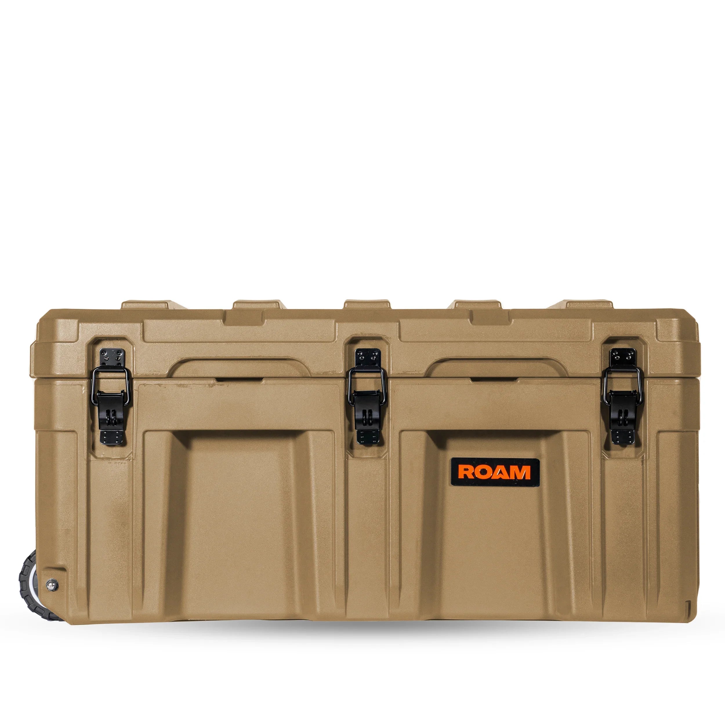 Tan heavy-duty storage case with black latches, rugged design, and ROAM logo for overlanding gear