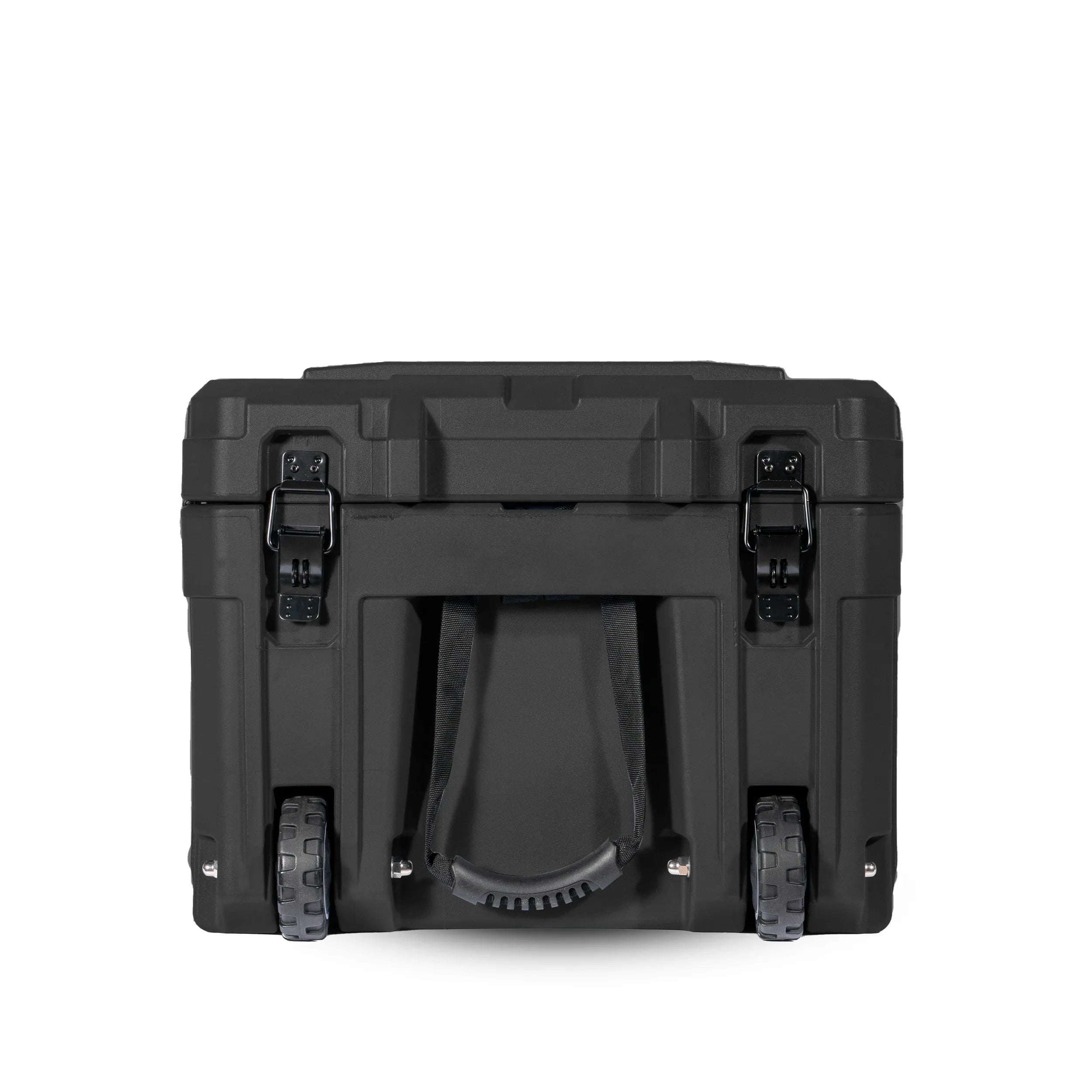 Heavy-duty black overland storage case with wheels, secure latches, and rugged handle