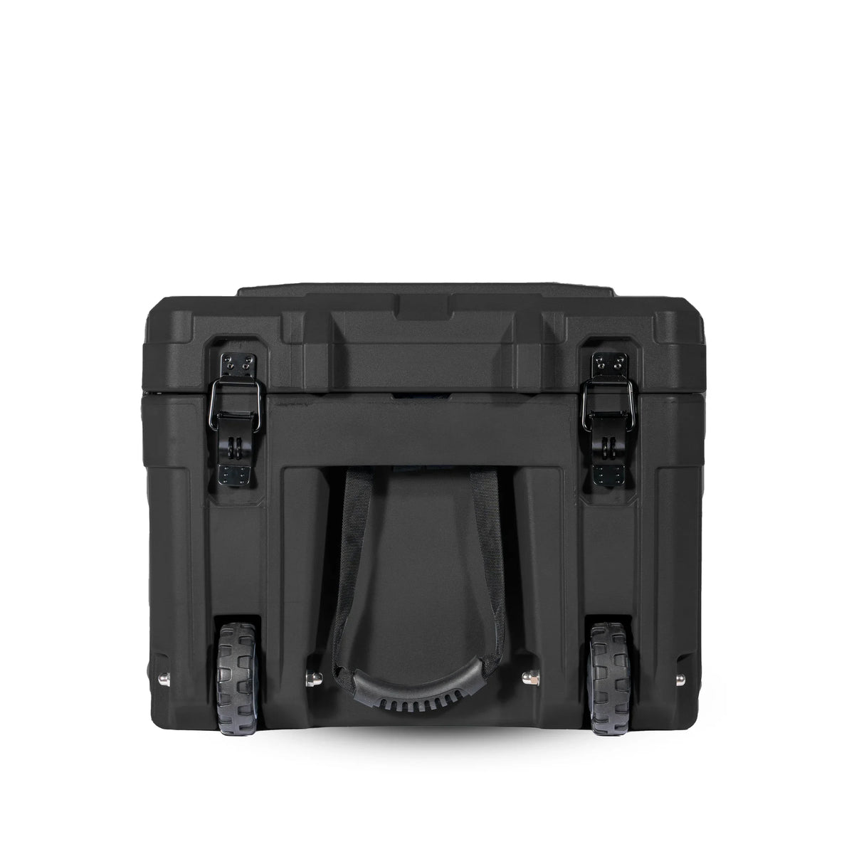 Heavy-duty black overland storage case with wheels, secure latches, and rugged handle
