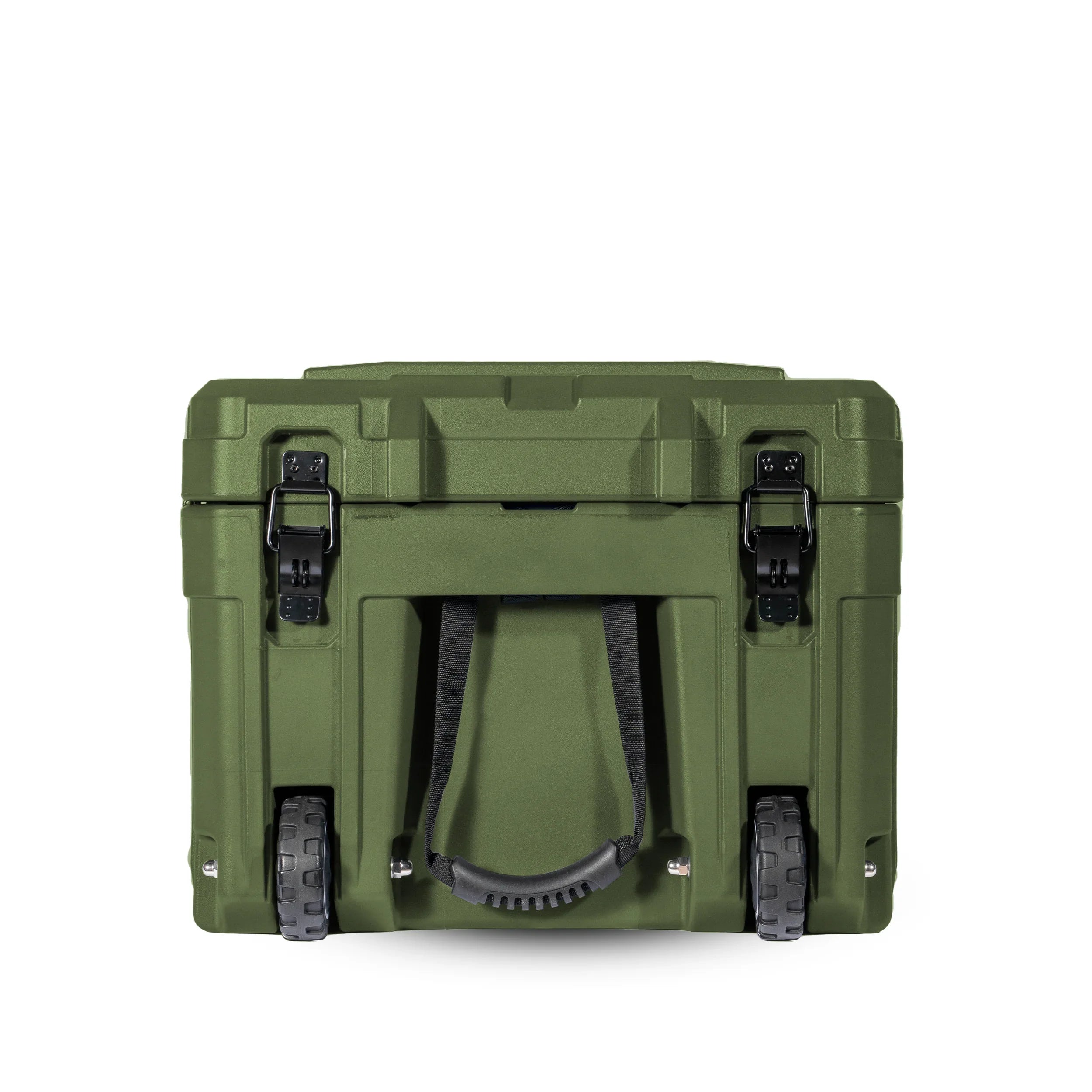 Green rugged rolling storage case with wheels and latches, ideal for overlanding gear.