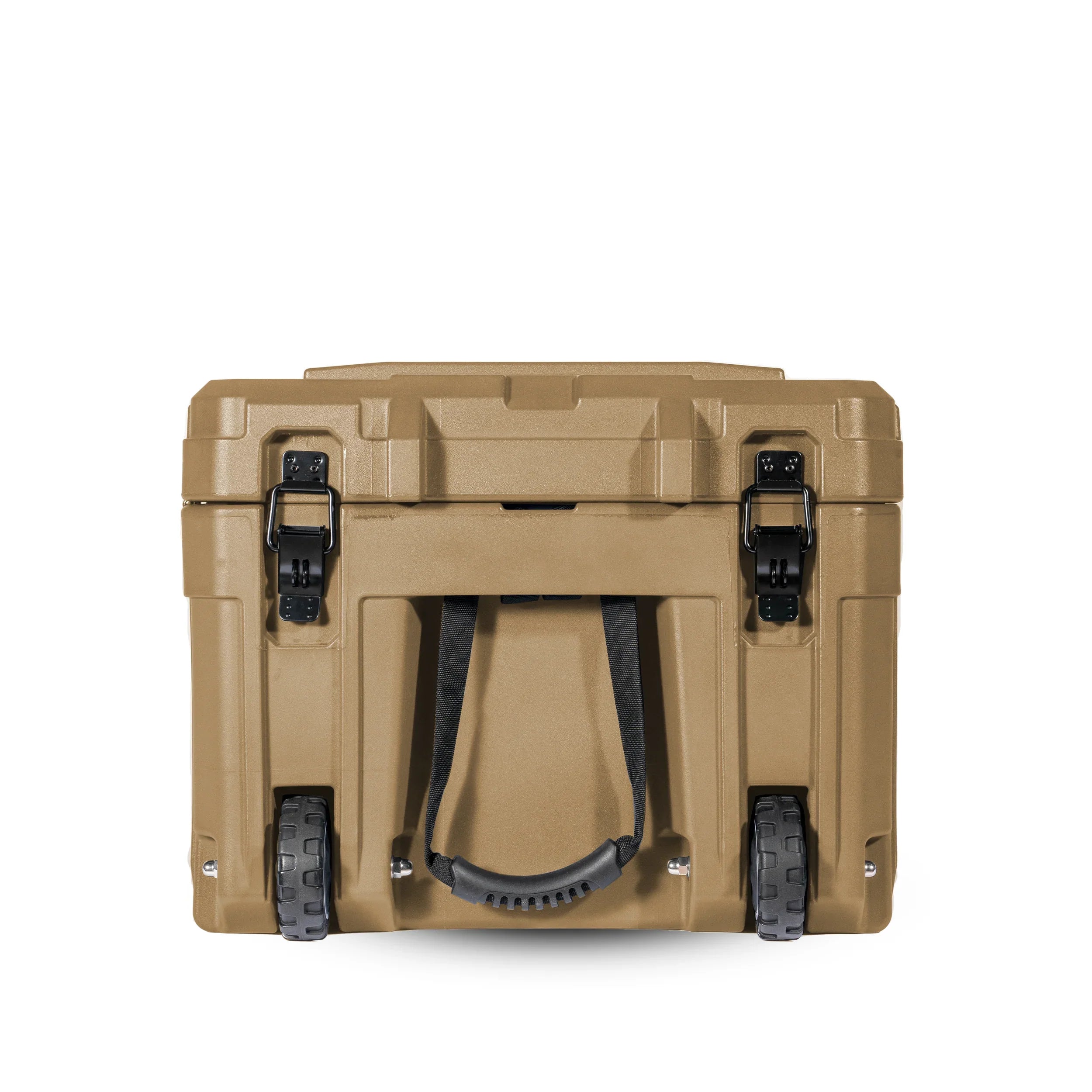 Tan rugged wheeled storage box with heavy-duty latches, ideal for overlanding gear.