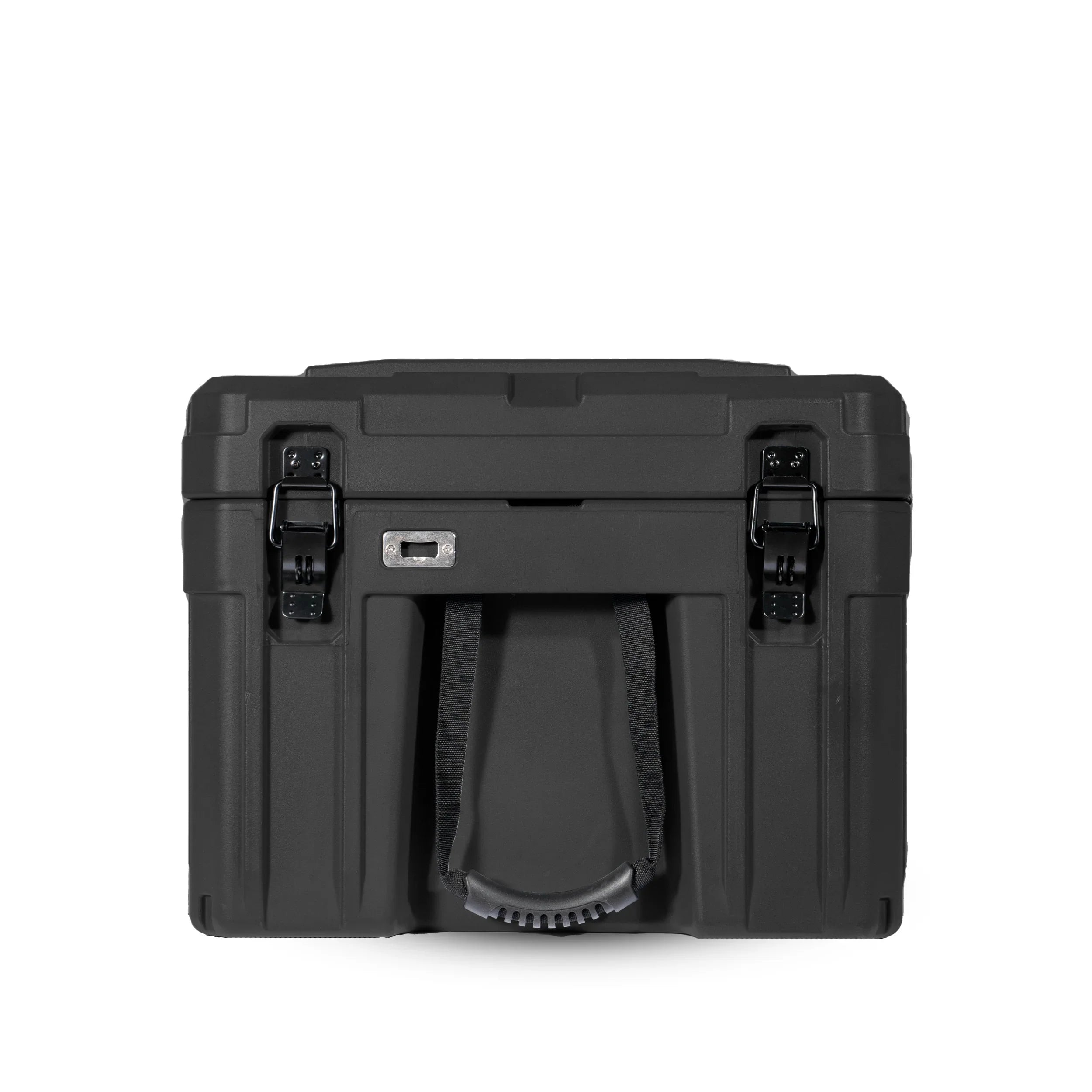 Heavy-duty black storage case with secure latches and carry handle for camping gear