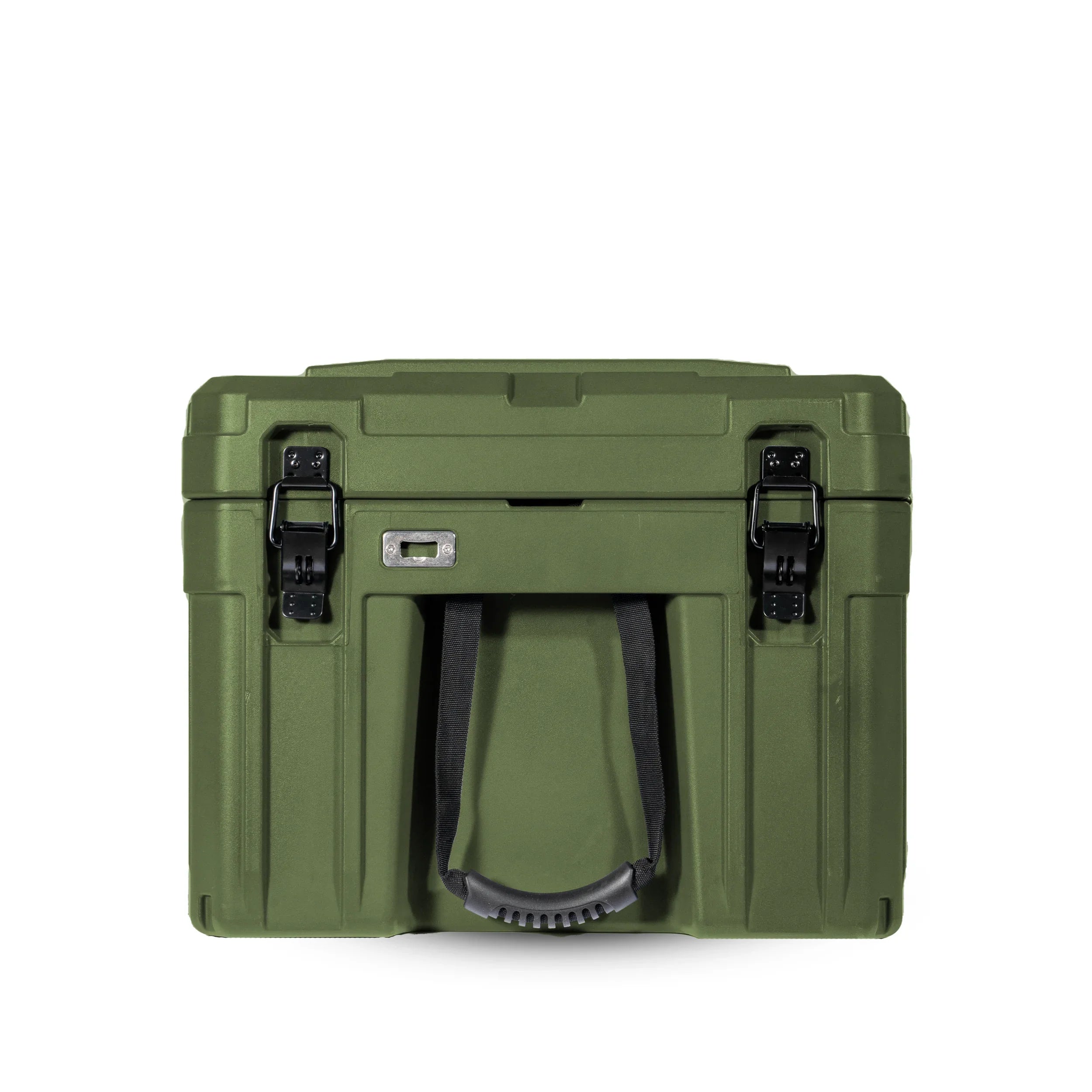 Olive green heavy-duty camping storage box with black latches and handle, front view