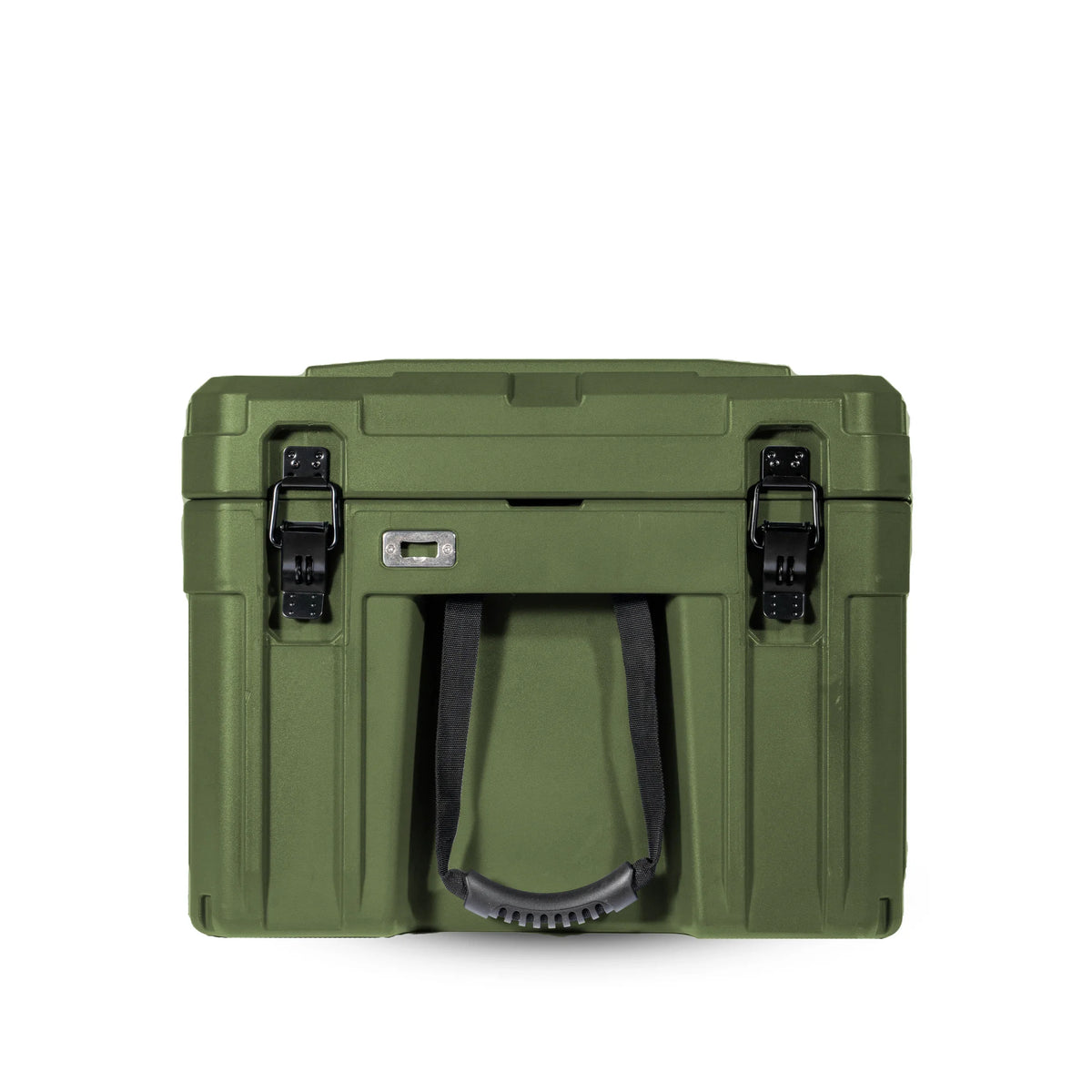 Olive green heavy-duty camping storage box with black latches and handle, front view