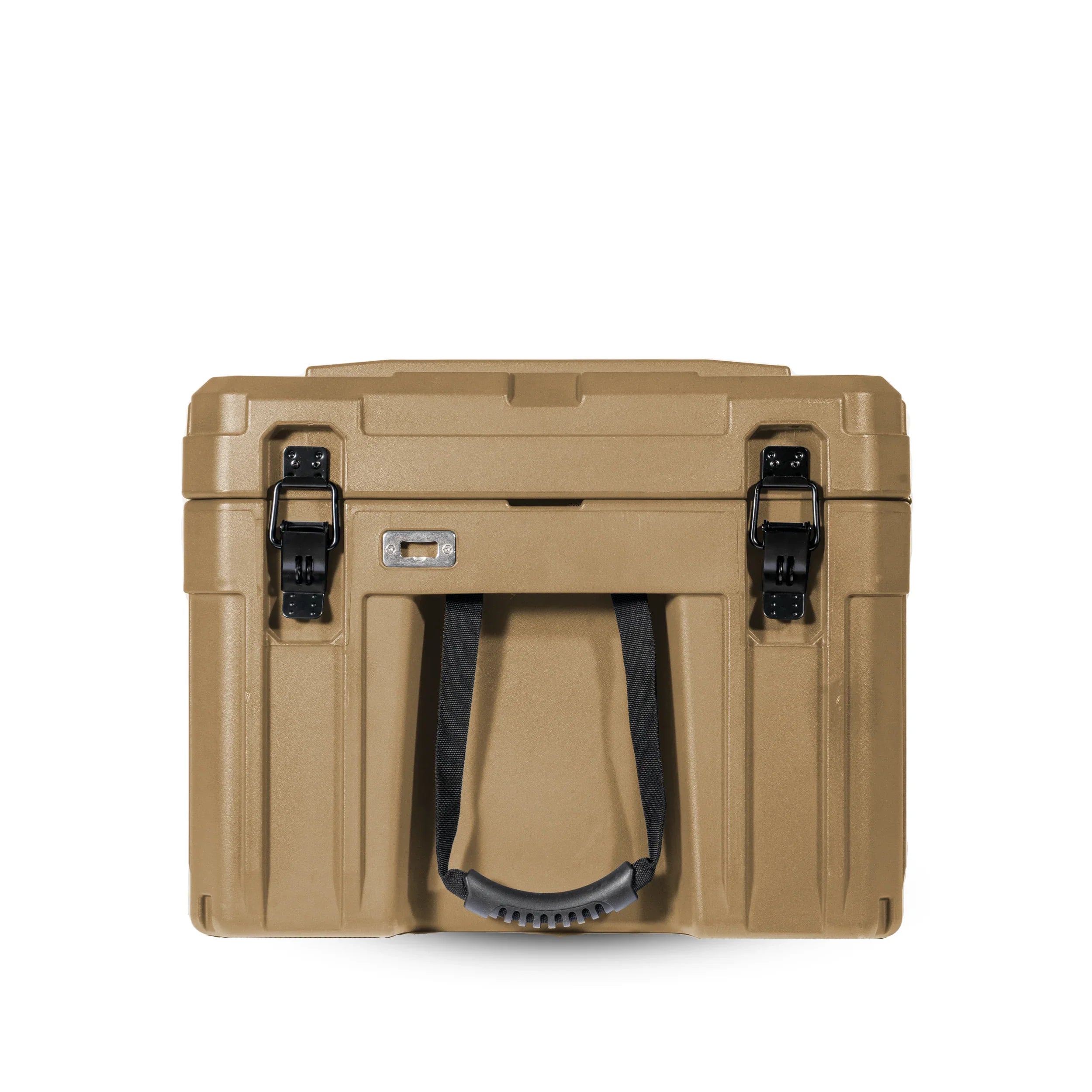 Tan rugged storage box with black latches and handle for overlanding or camping gear