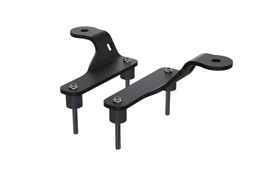 Black steel mounting brackets for vehicle accessory installation, isolated on white background