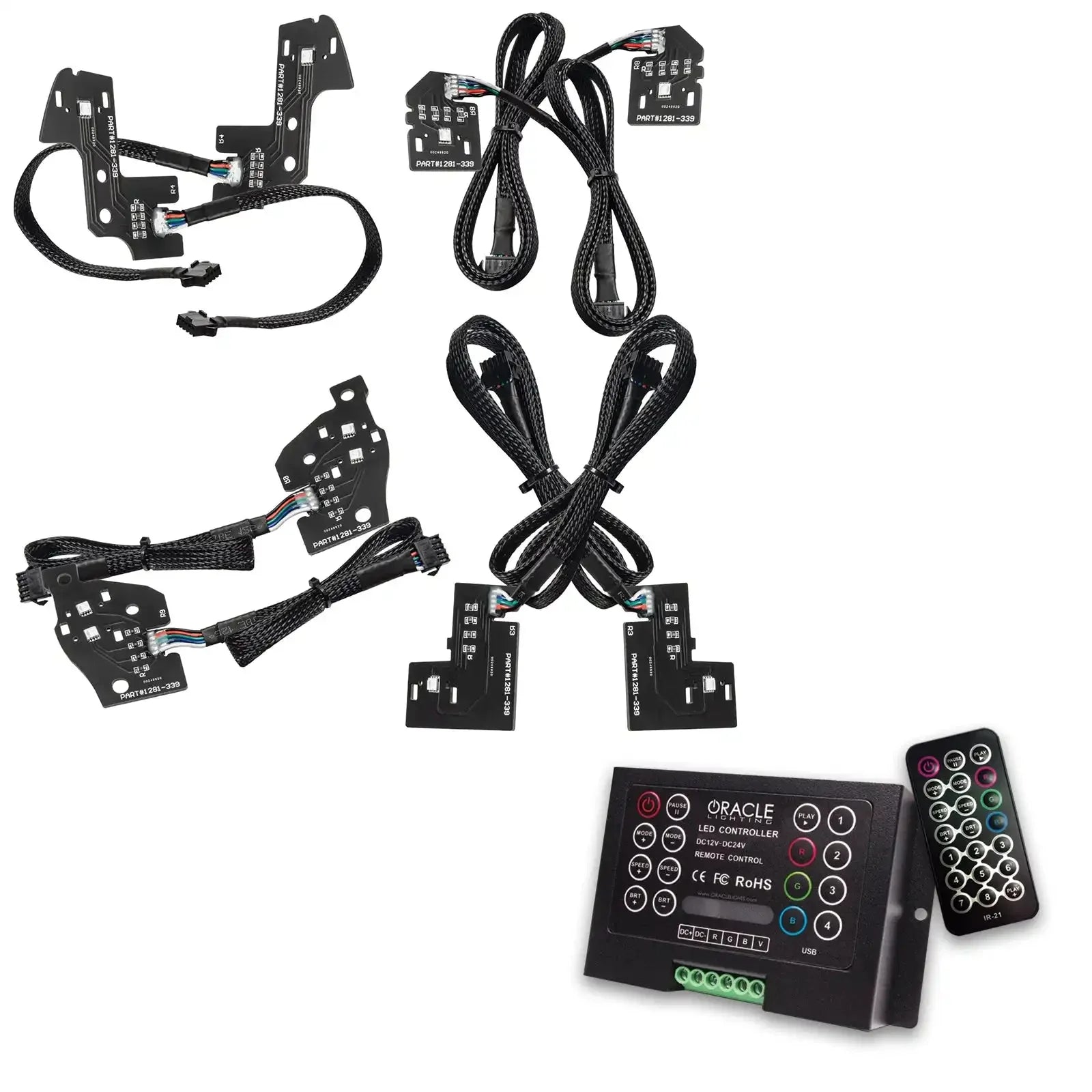 LED light controller kit with wiring harnesses and remote for vehicle interior or accessory lighting