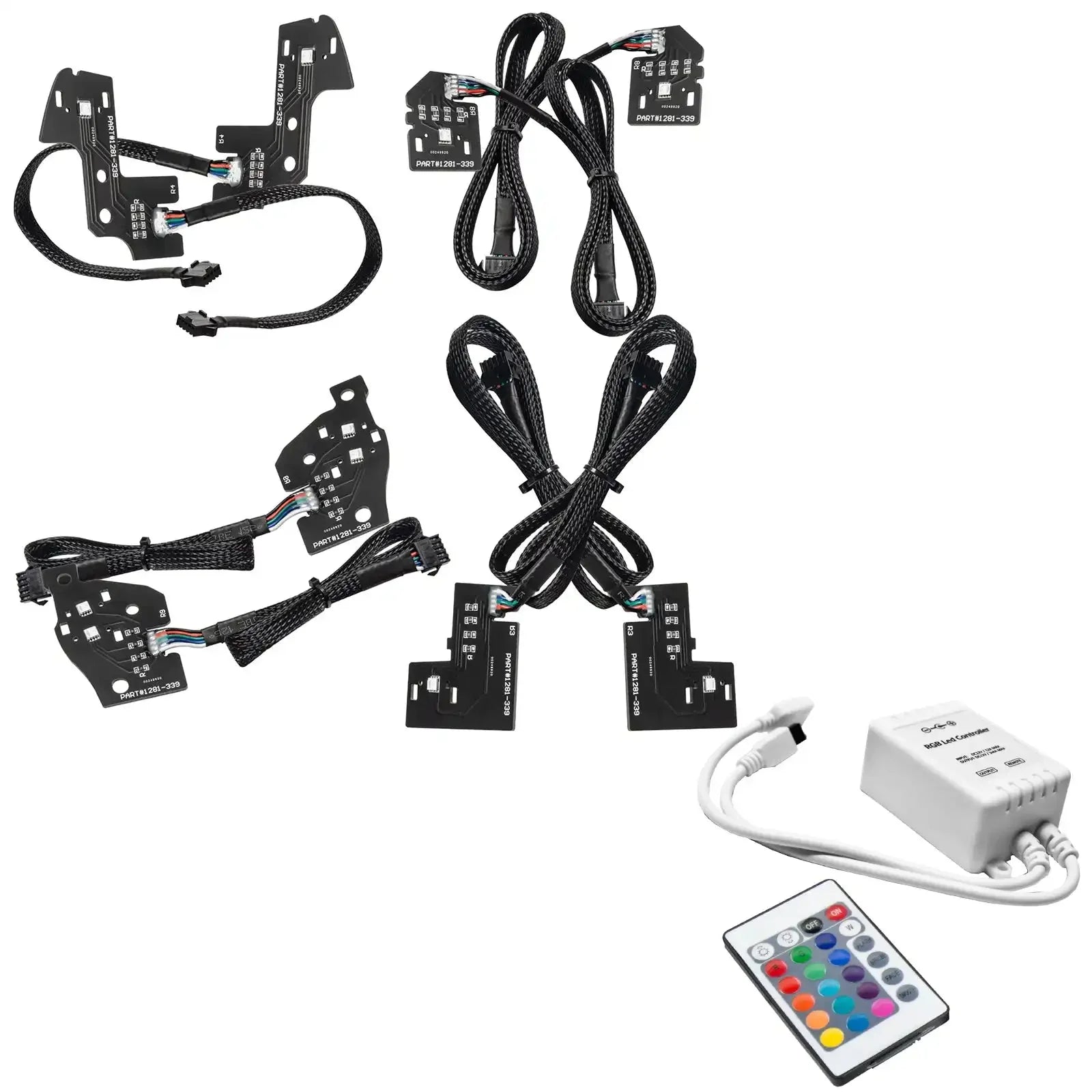vehicle LED accent light kit with wiring harnesses, control module, and remote