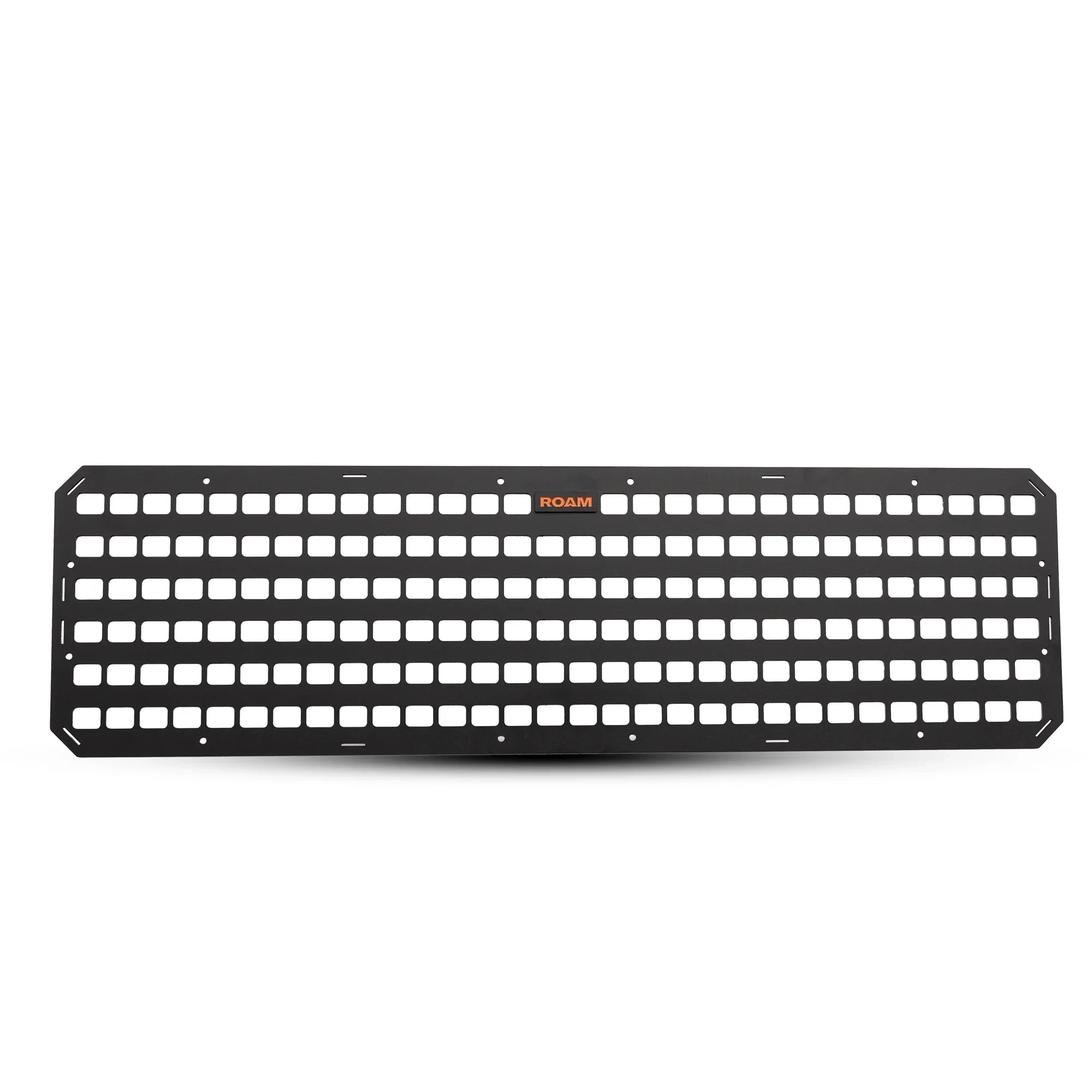 Black MOLLE panel with multiple square slots for vehicle storage and gear mounting