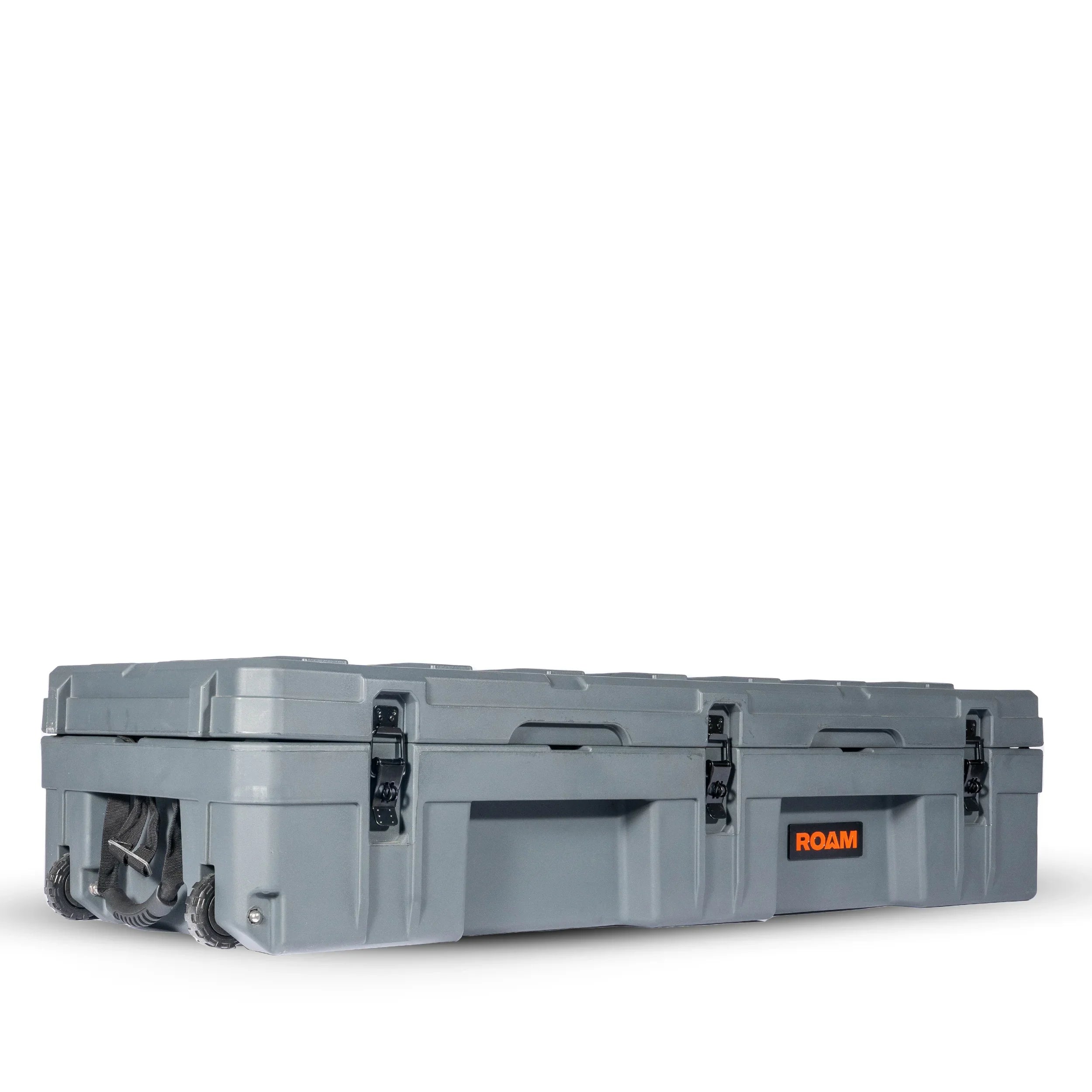 Gray ROAM rugged storage case with side handles and heavy-duty latches for overlanding gear