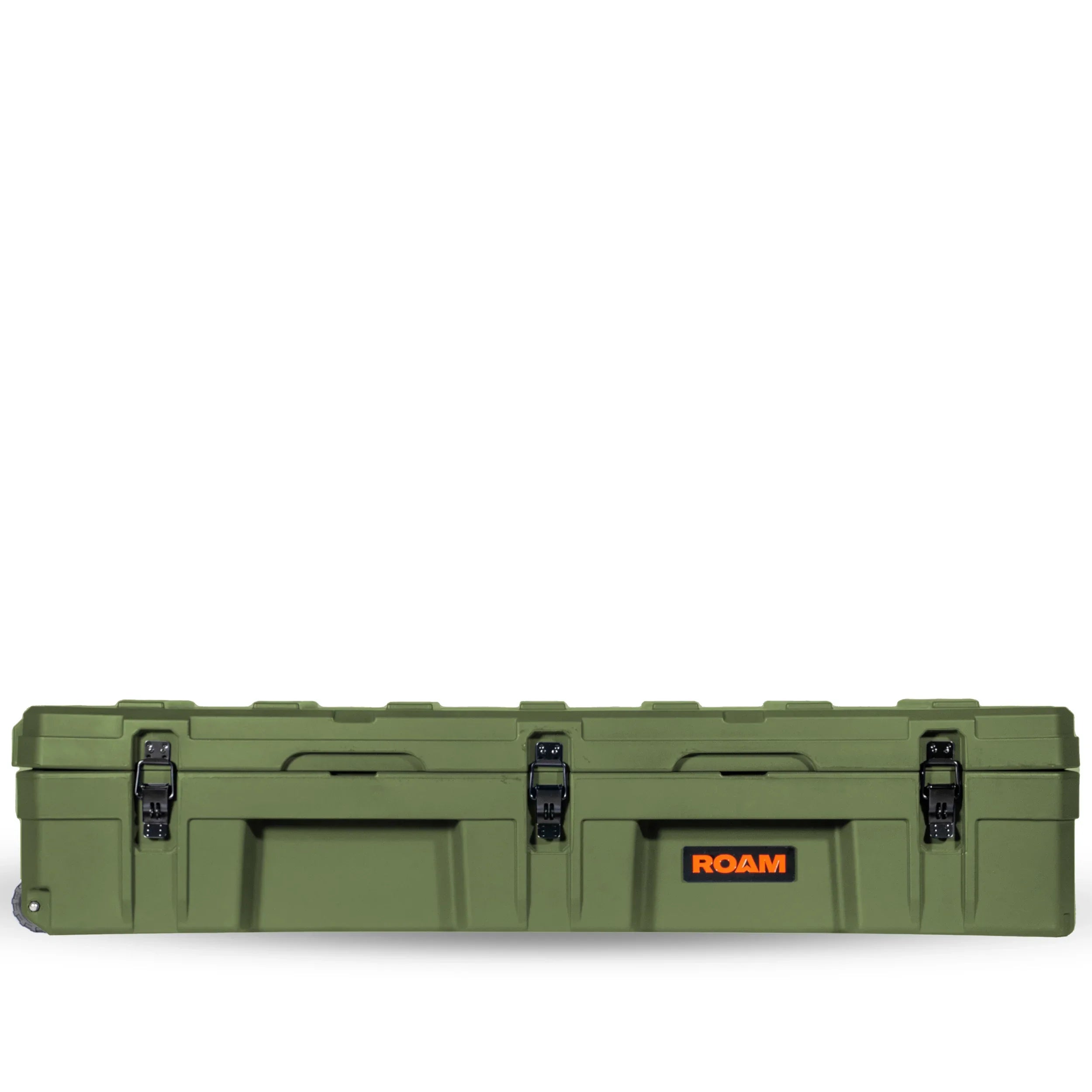 Green ROAM overland rooftop cargo storage case with secure latches, adventure gear box