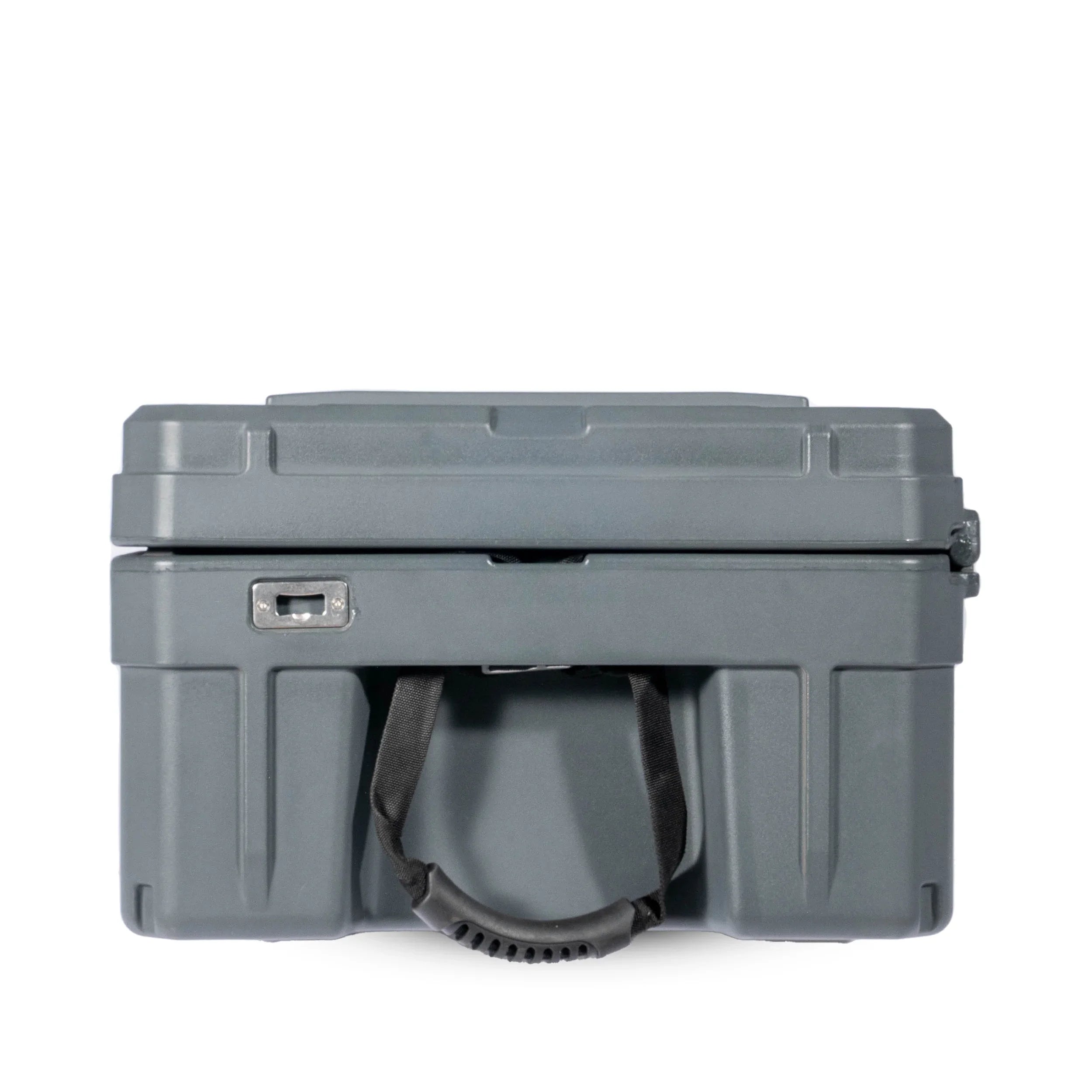 Heavy-duty gray hard case with latch and carrying handle for overlanding and camping gear