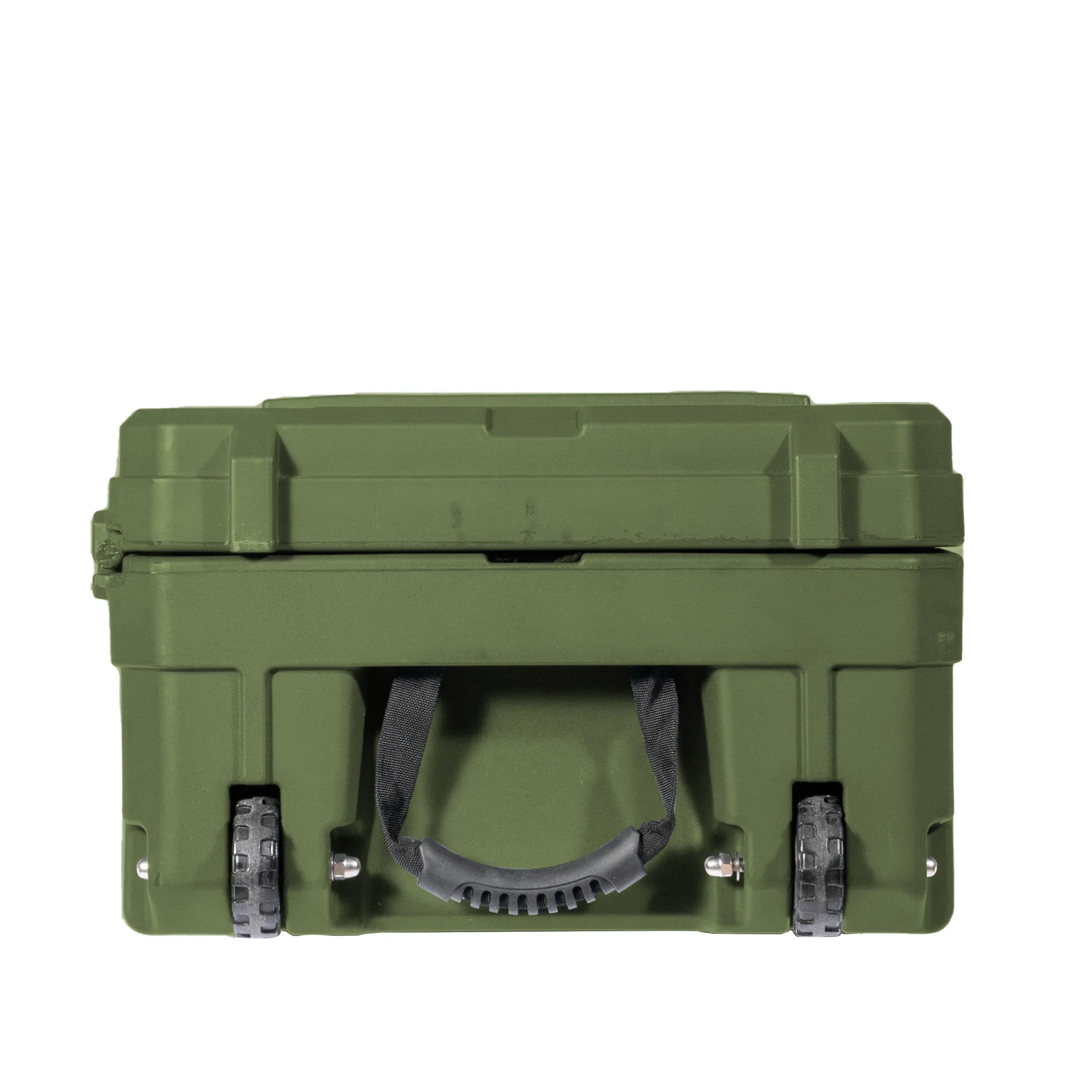 Green rugged overland camping gear storage box with wheels and handle, expedition-ready