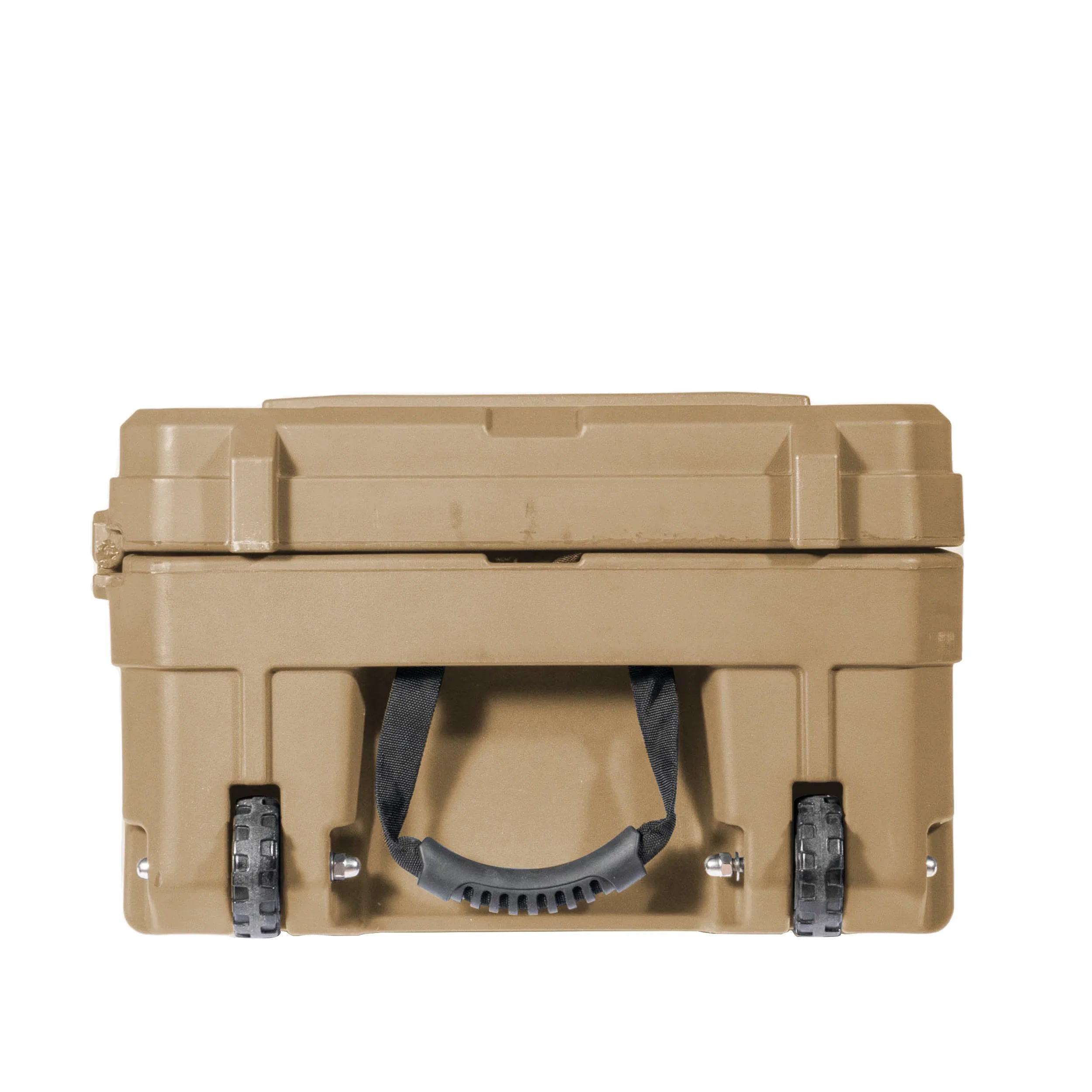 Tan hard plastic gear case with wheels and a handle for overlanding storage