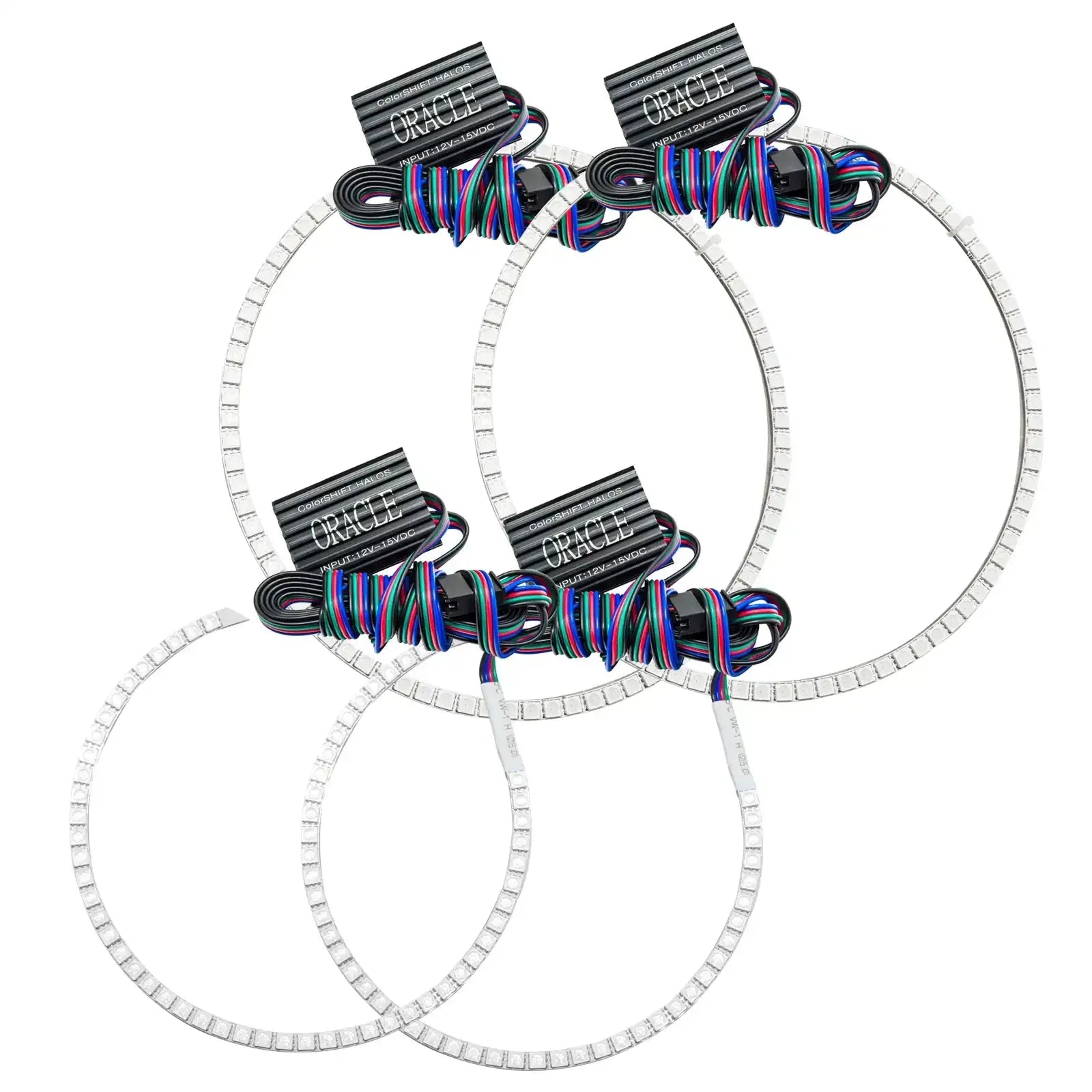 Set of four LED halo ring lights with wiring, ideal for off-road vehicle headlights