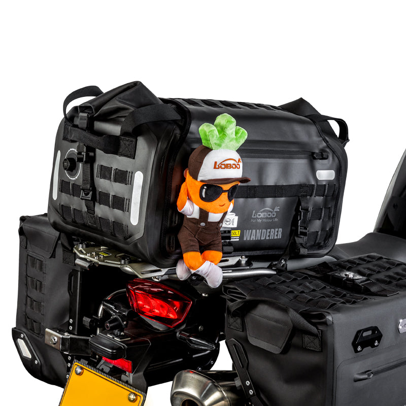 LOBOO Plush Motorcycle Mascot – Soft Adventure Buddy with Multiple Mounting Loops for Panniers, Crash Bars & Backpacks