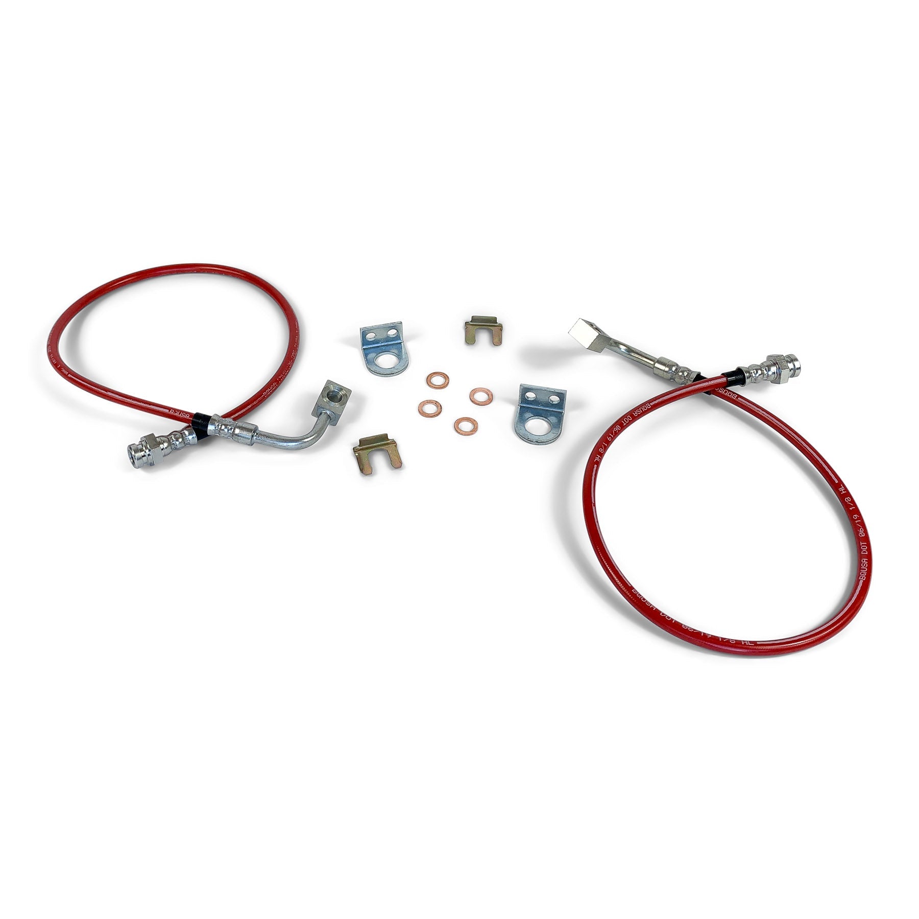 Red braided brake line kit with metal fittings and mounting hardware for off-road vehicles