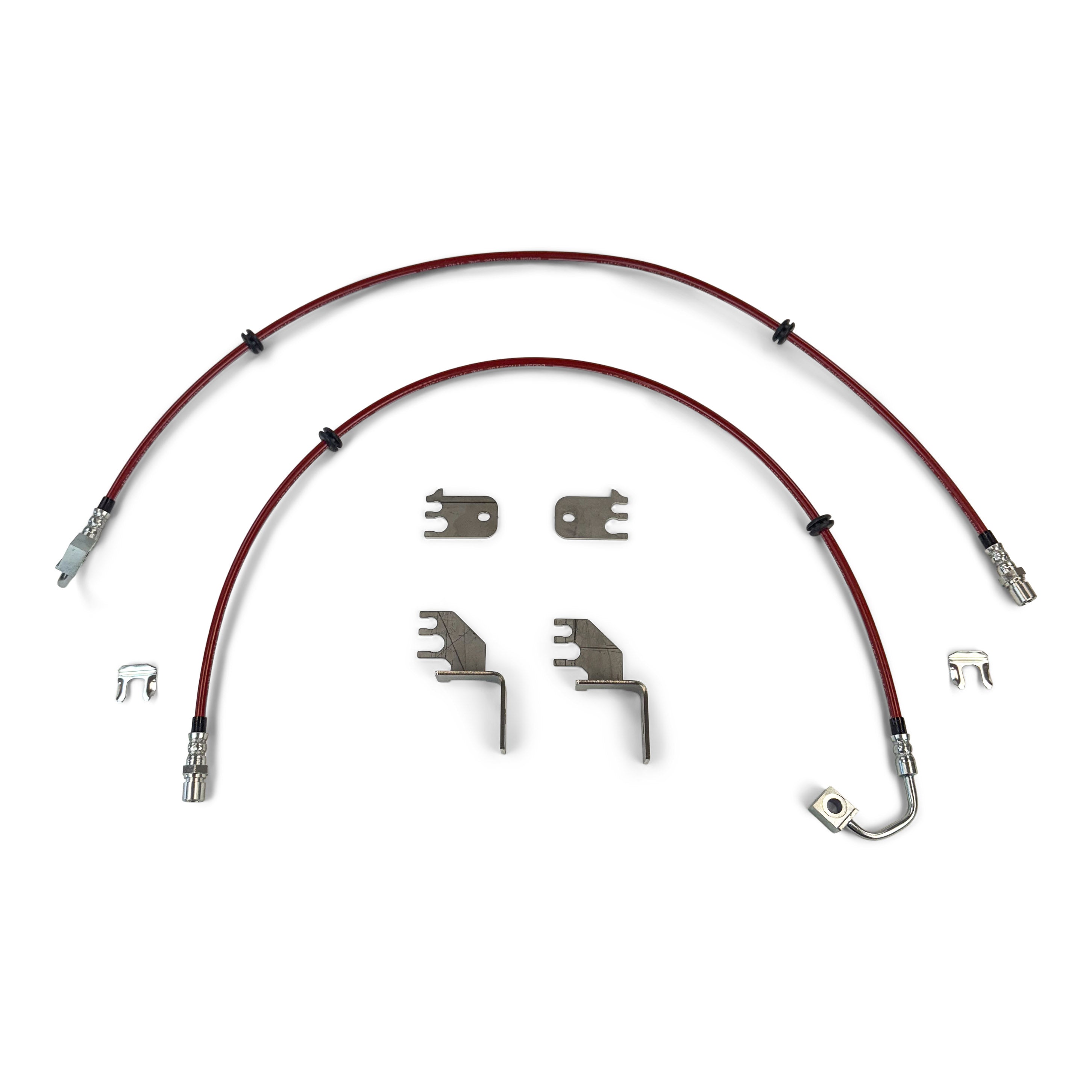 Red braided brake line kit with brackets and clips for off-road vehicle upgrades