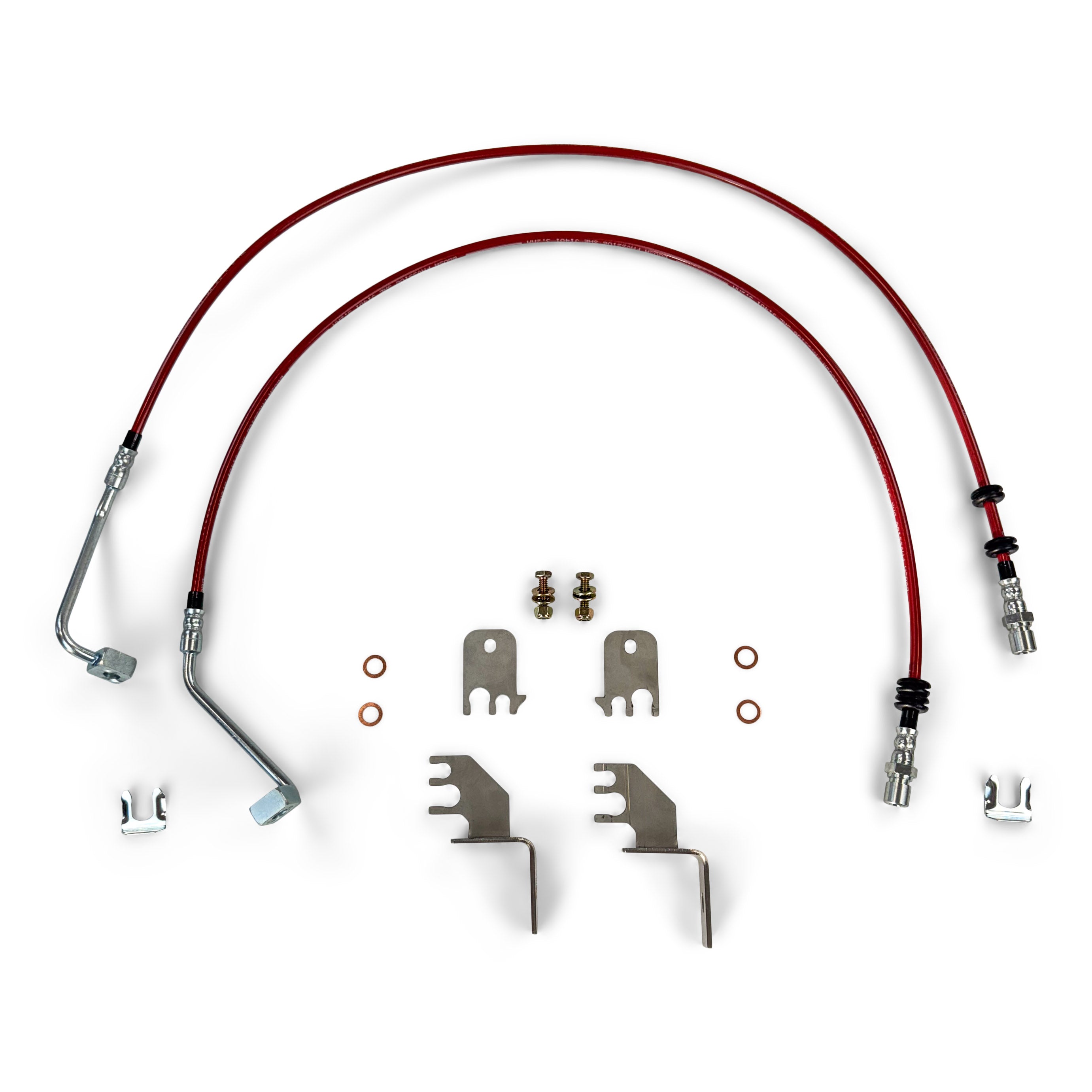 Red braided brake line kit with metal brackets and bolts for off-road vehicles