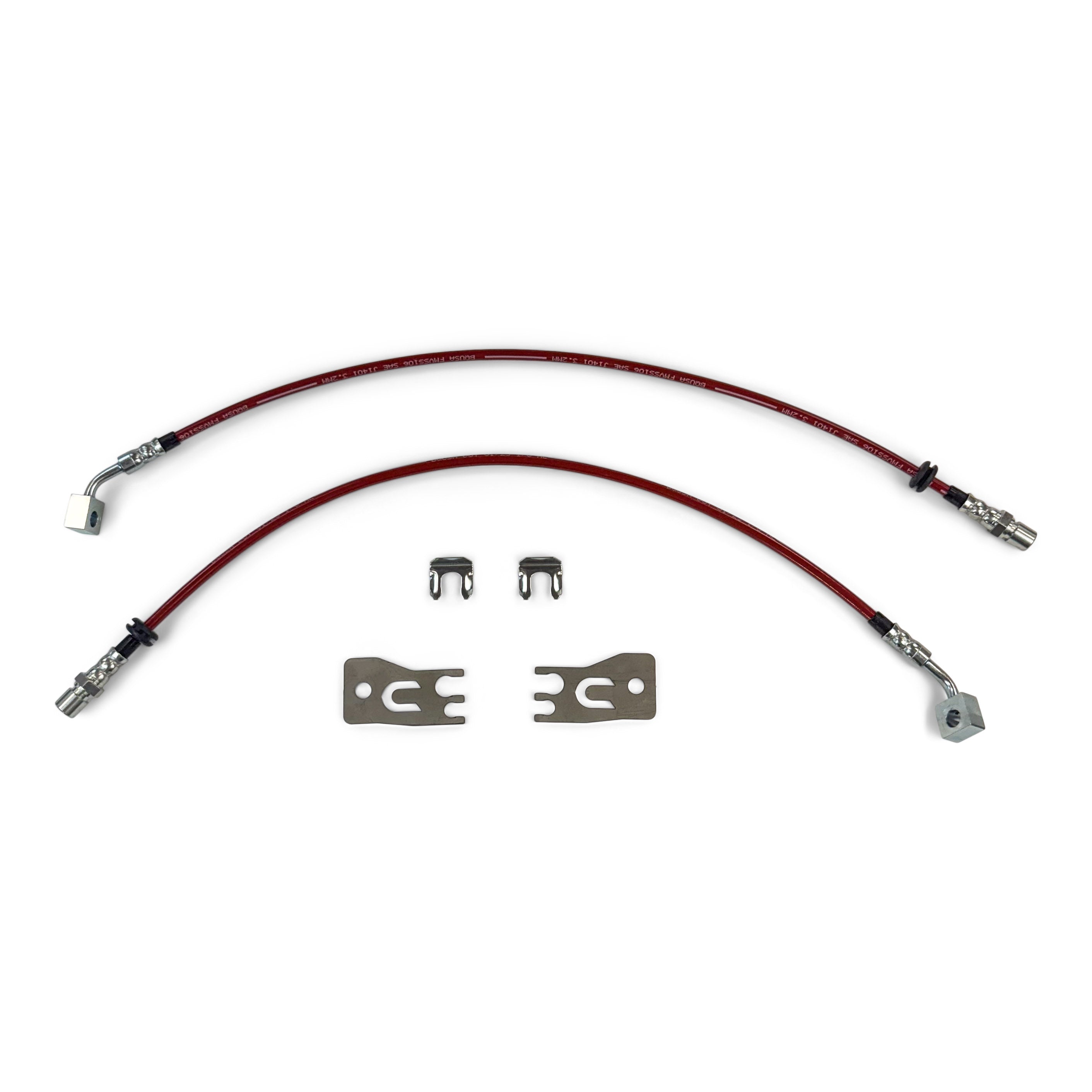 Red braided stainless steel brake lines with fittings and mounting hardware for off-road vehicles
